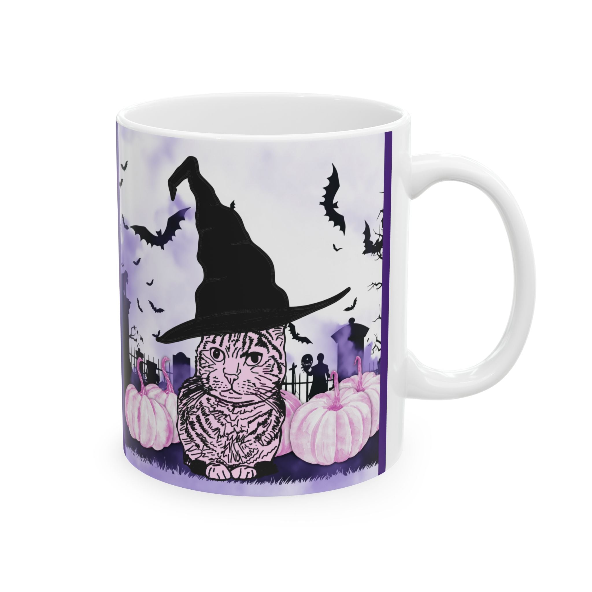 Cute and Spooky Cat Witch Halloween Ceramic Mug - Pink and Purple