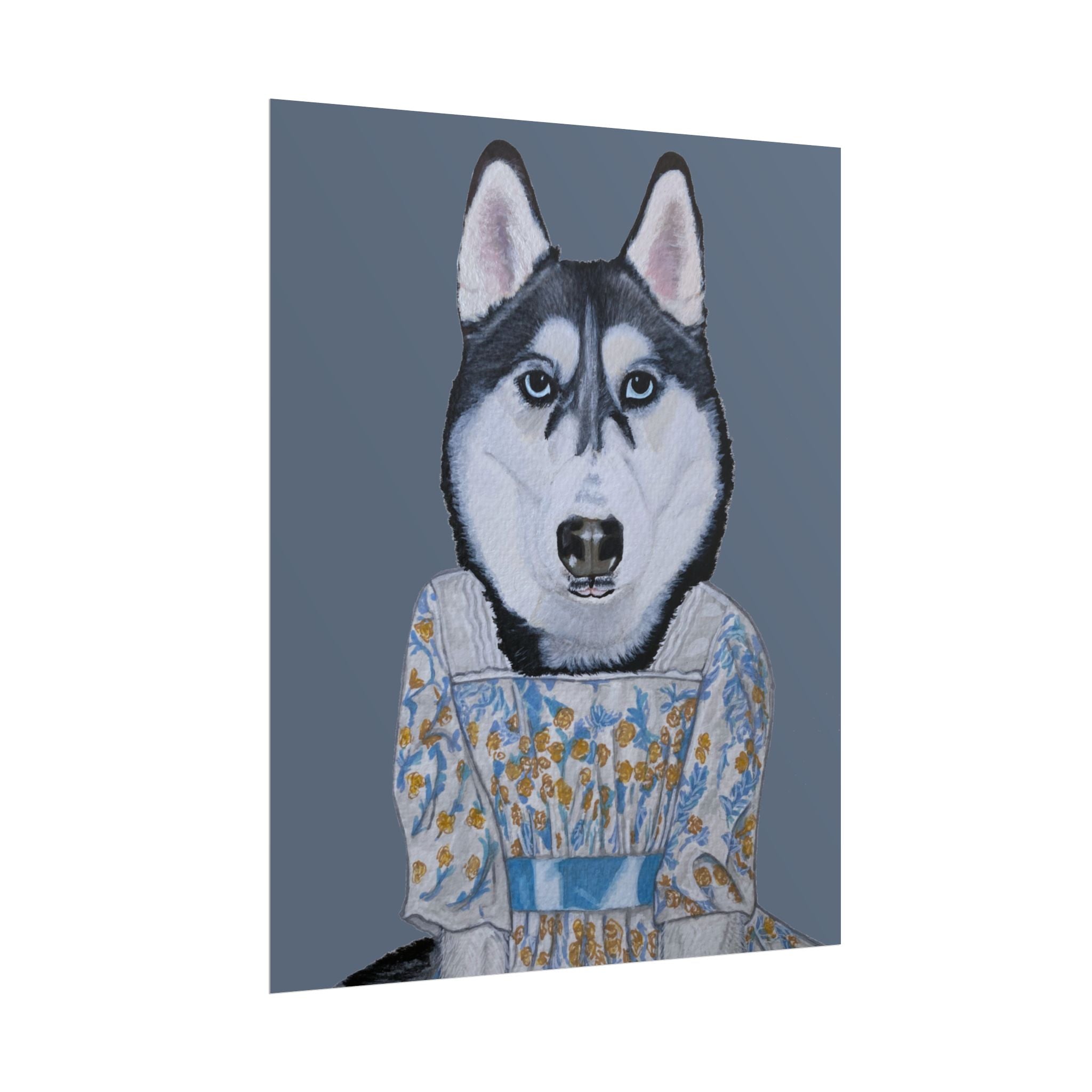 Funny Husky Wearing Jane Austen Style Regency Era-Inspired Dress Wall Poster - Dark Gray Background