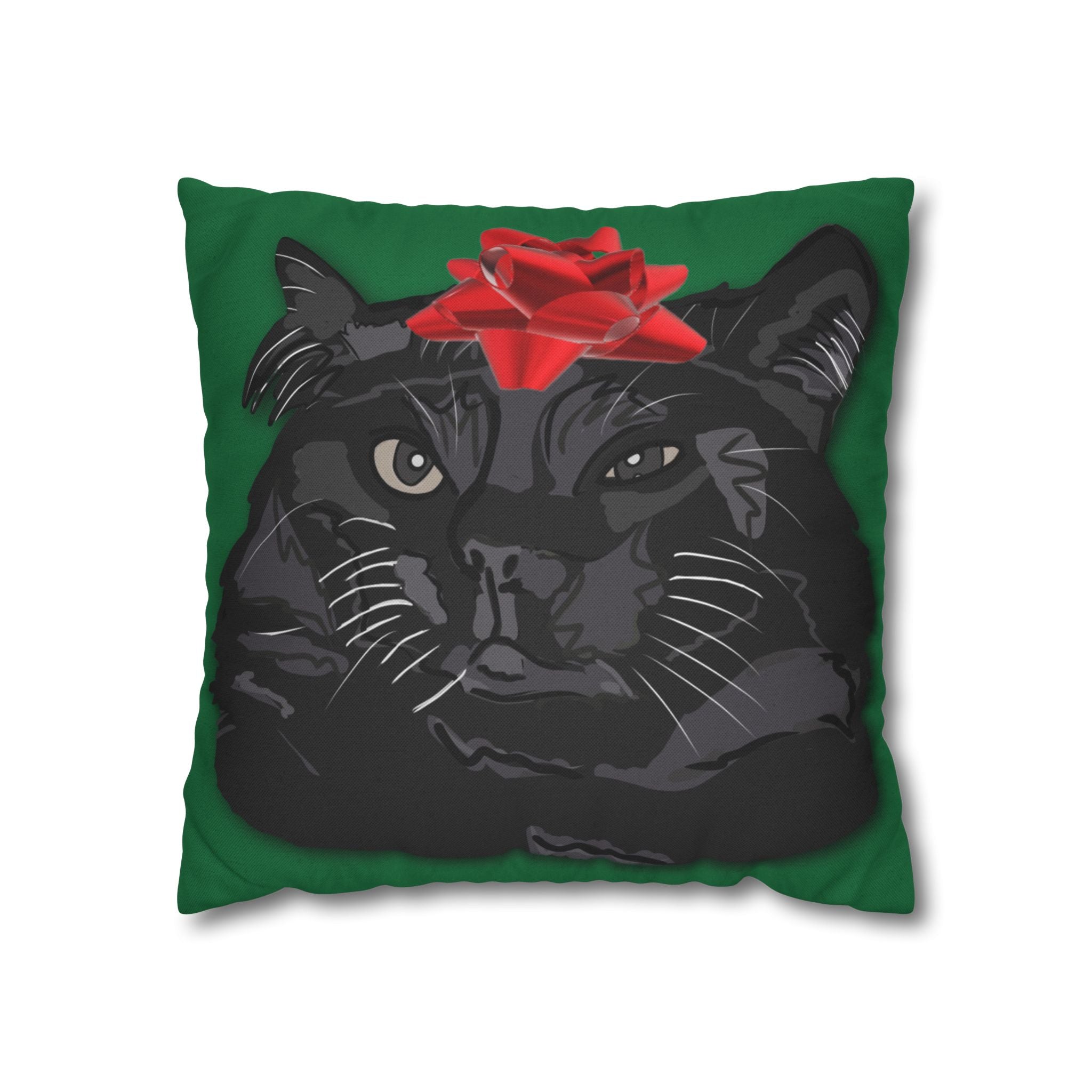 Black Cat with Red Bow Pillowcase - Green Background | Spun Polyester Square Pillowcase