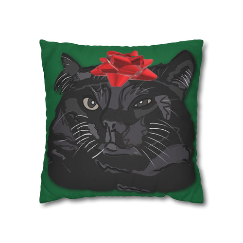 Black Cat with Red Bow Pillowcase - Green Background | Spun Polyester Square Pillowcase