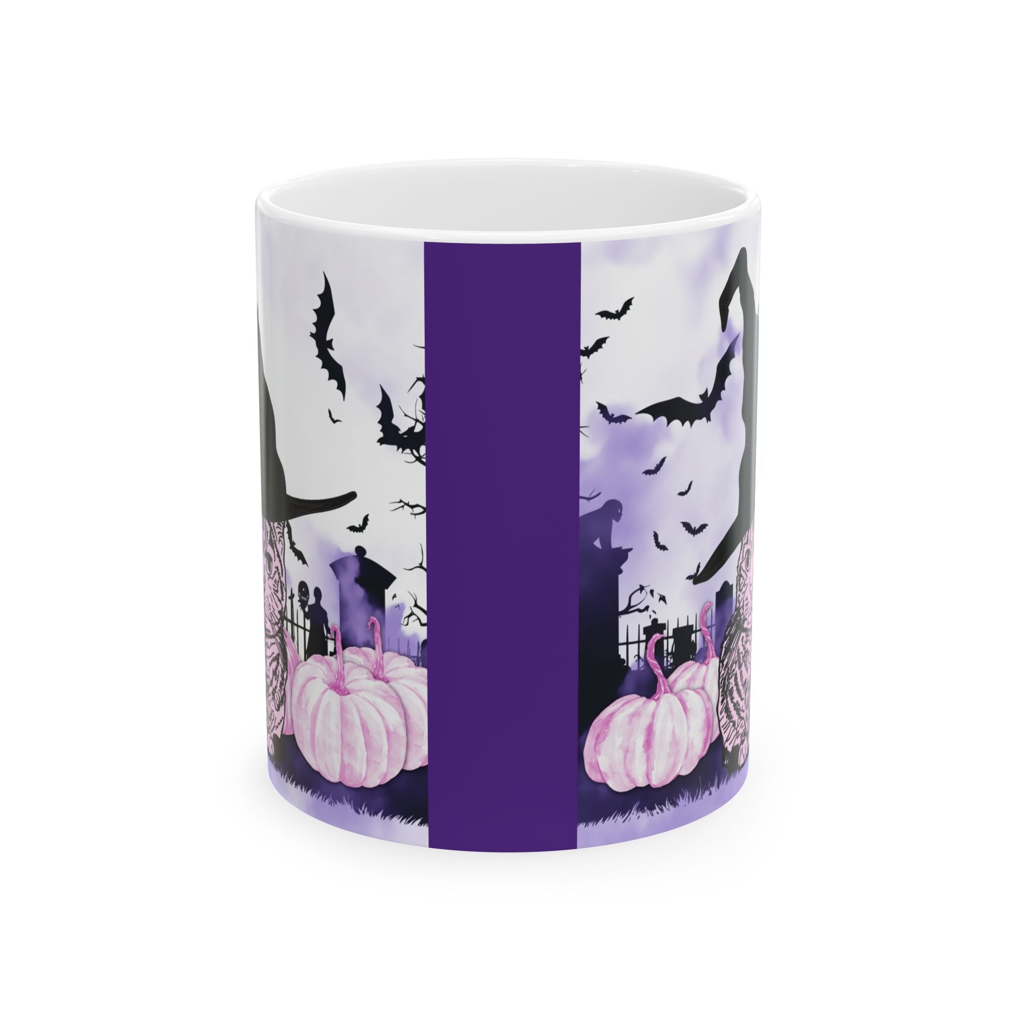 Cute and Spooky Cat Witch Halloween Ceramic Mug - Pink and Purple