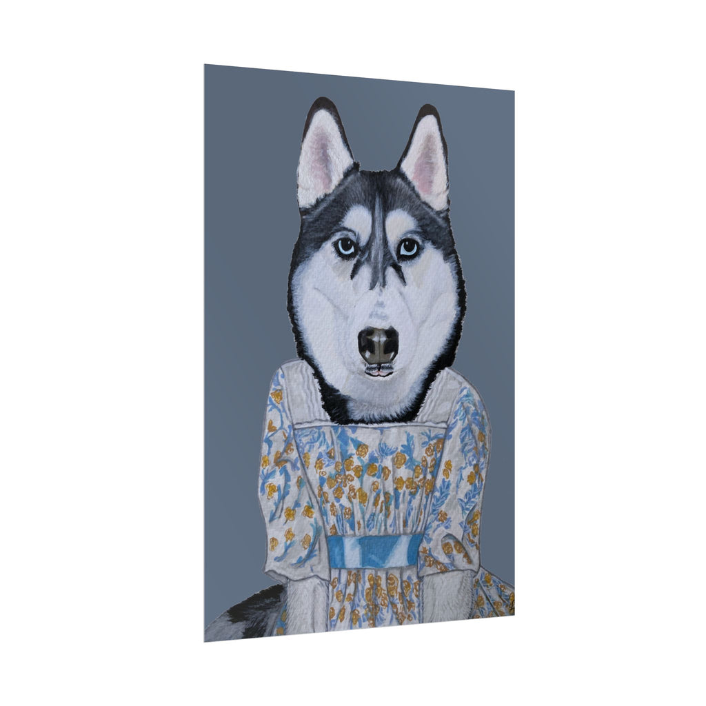 Funny Husky Wearing Jane Austen Style Regency Era-Inspired Dress Wall Poster - Dark Gray Background