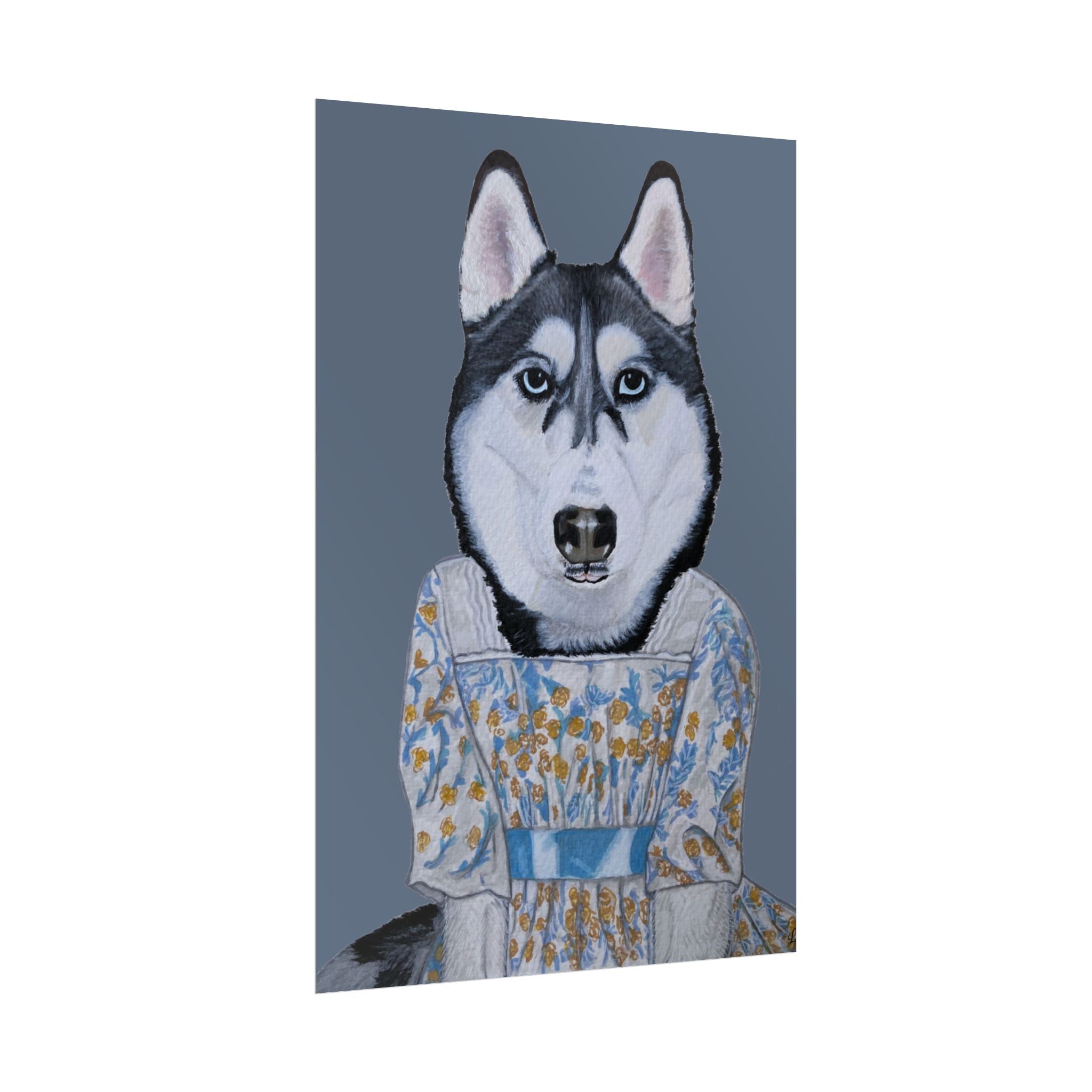 Funny Husky Wearing Jane Austen Style Regency Era-Inspired Dress Wall Poster - Dark Gray Background