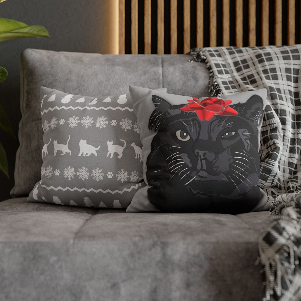 Black Cat with Red Bow Pillowcase - Gray Background | Spun Polyester Square Pillowcase