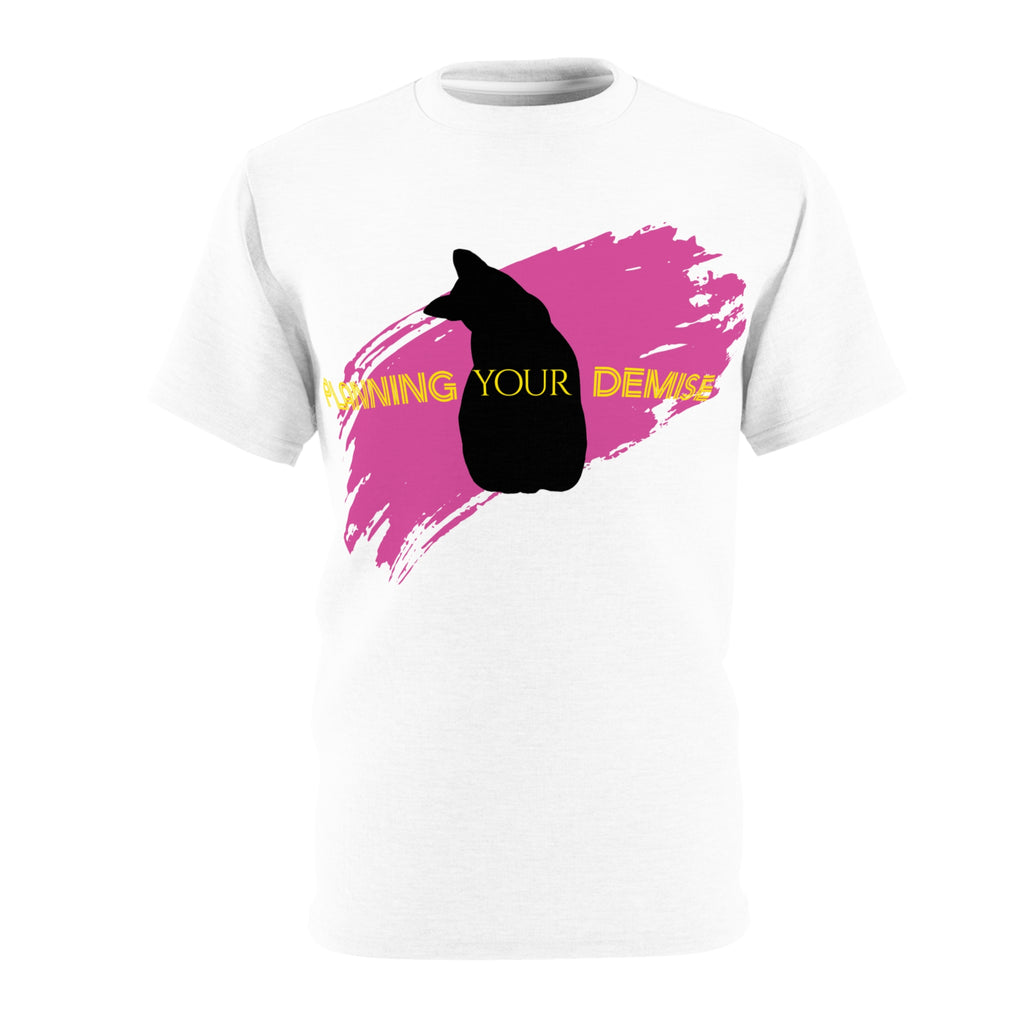 Black Cat Silhouette Planning Your Demise T-Shirt | Pink Paint Splash, Yellow Text