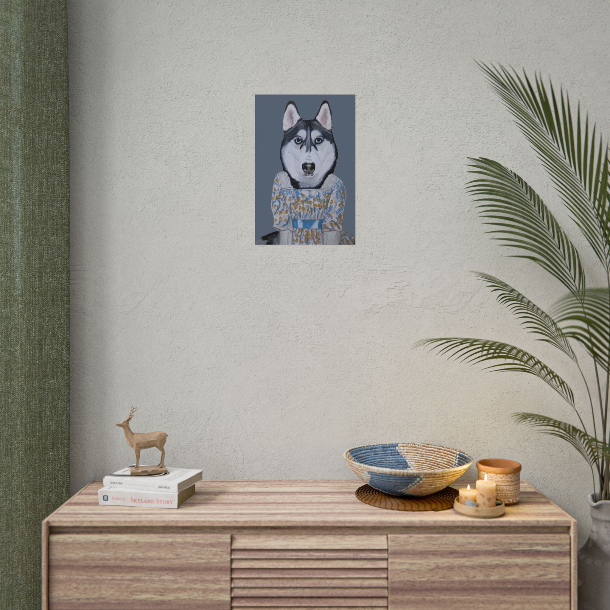 Funny Husky Wearing Jane Austen Style Regency Era-Inspired Dress Wall Poster - Dark Gray Background