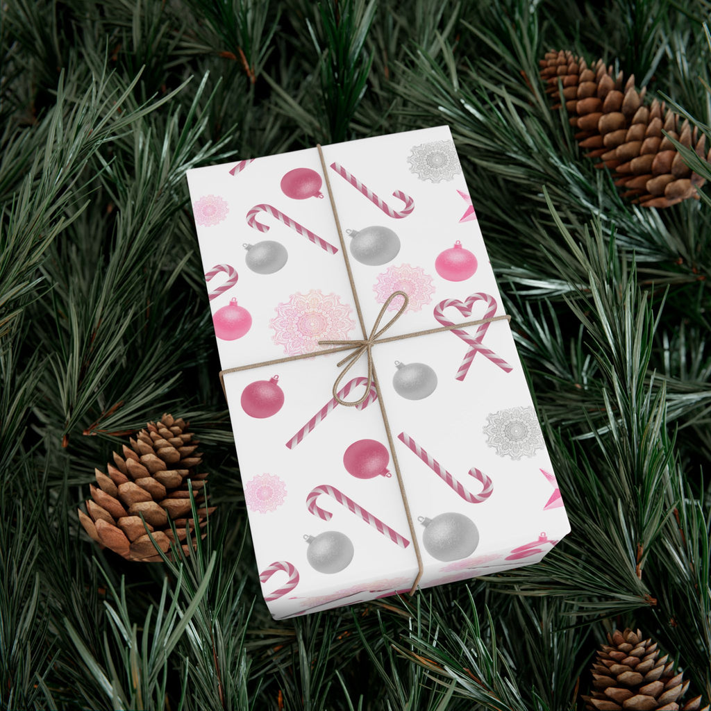 Shimmery White and Pink Christmas Wrapping Paper in Satin or Matte