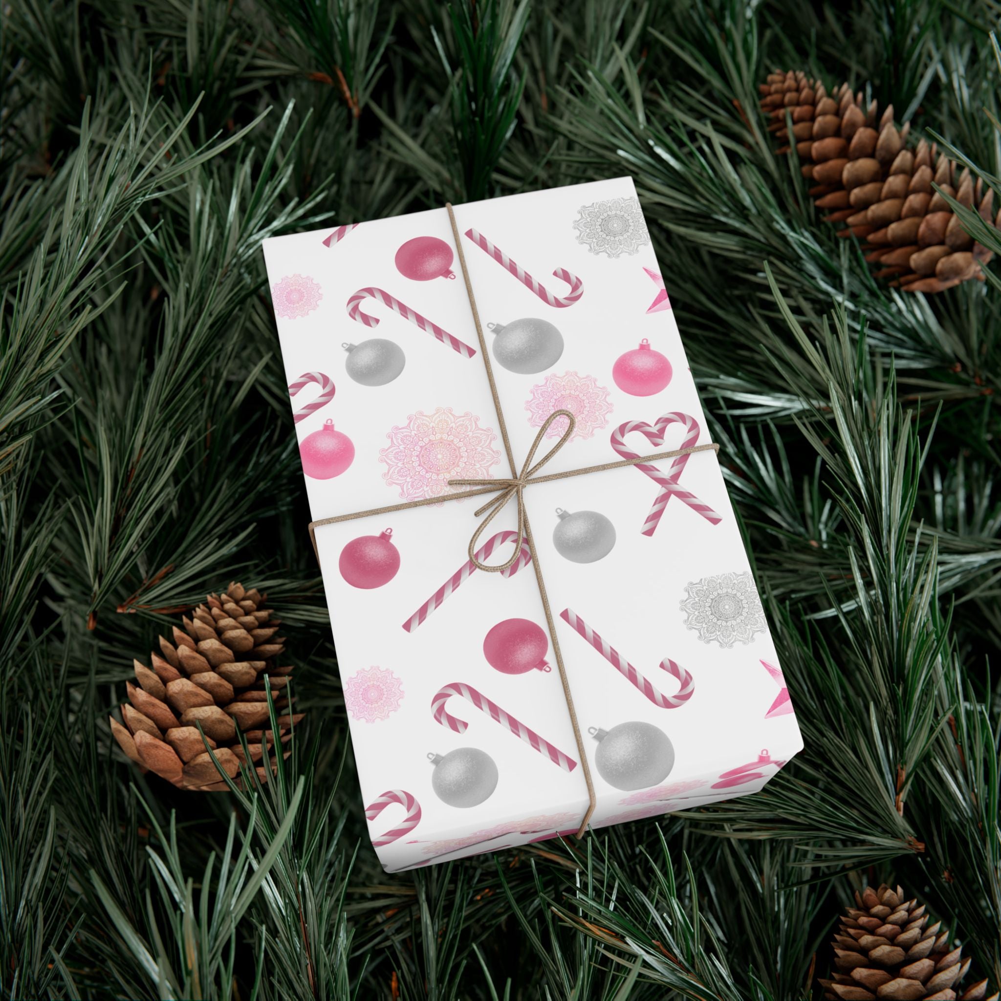 Shimmery White and Pink Christmas Wrapping Paper in Satin or Matte