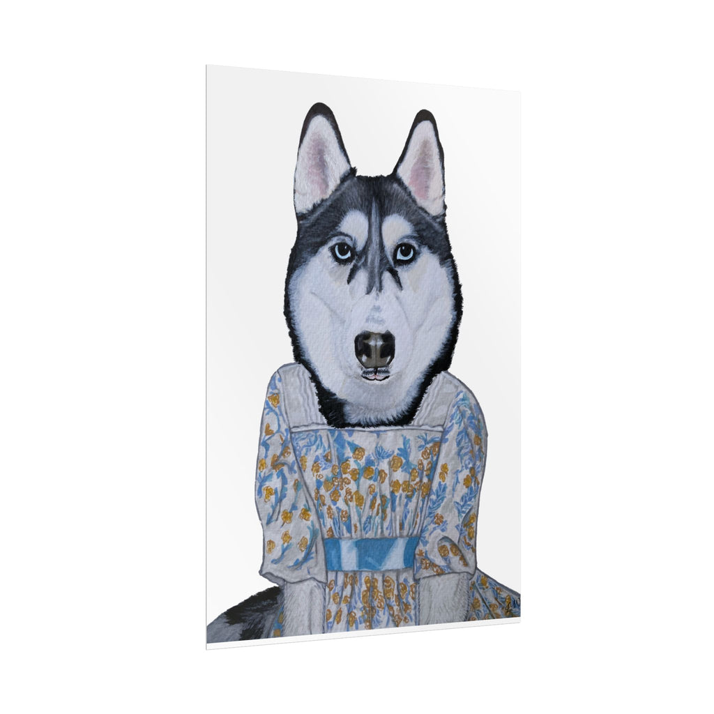 Funny Husky Wearing Jane Austen Style Regency Era-Inspired Dress Wall Poster - White Background