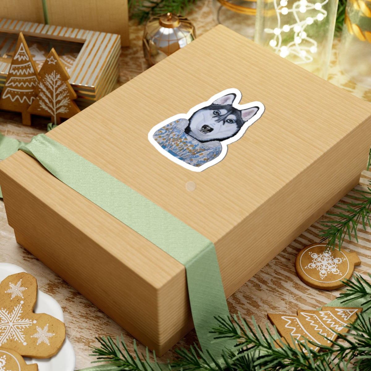 Funny Husky Wearing Jane Austen Style Dress Kiss-Cut Sticker