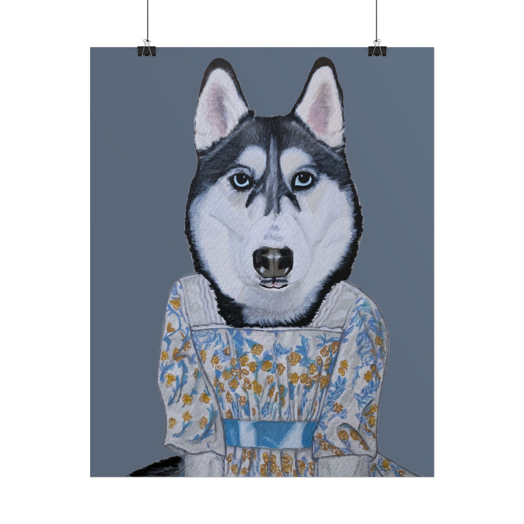 Funny Husky Wearing Jane Austen Style Regency Era-Inspired Dress Wall Poster - Dark Gray Background