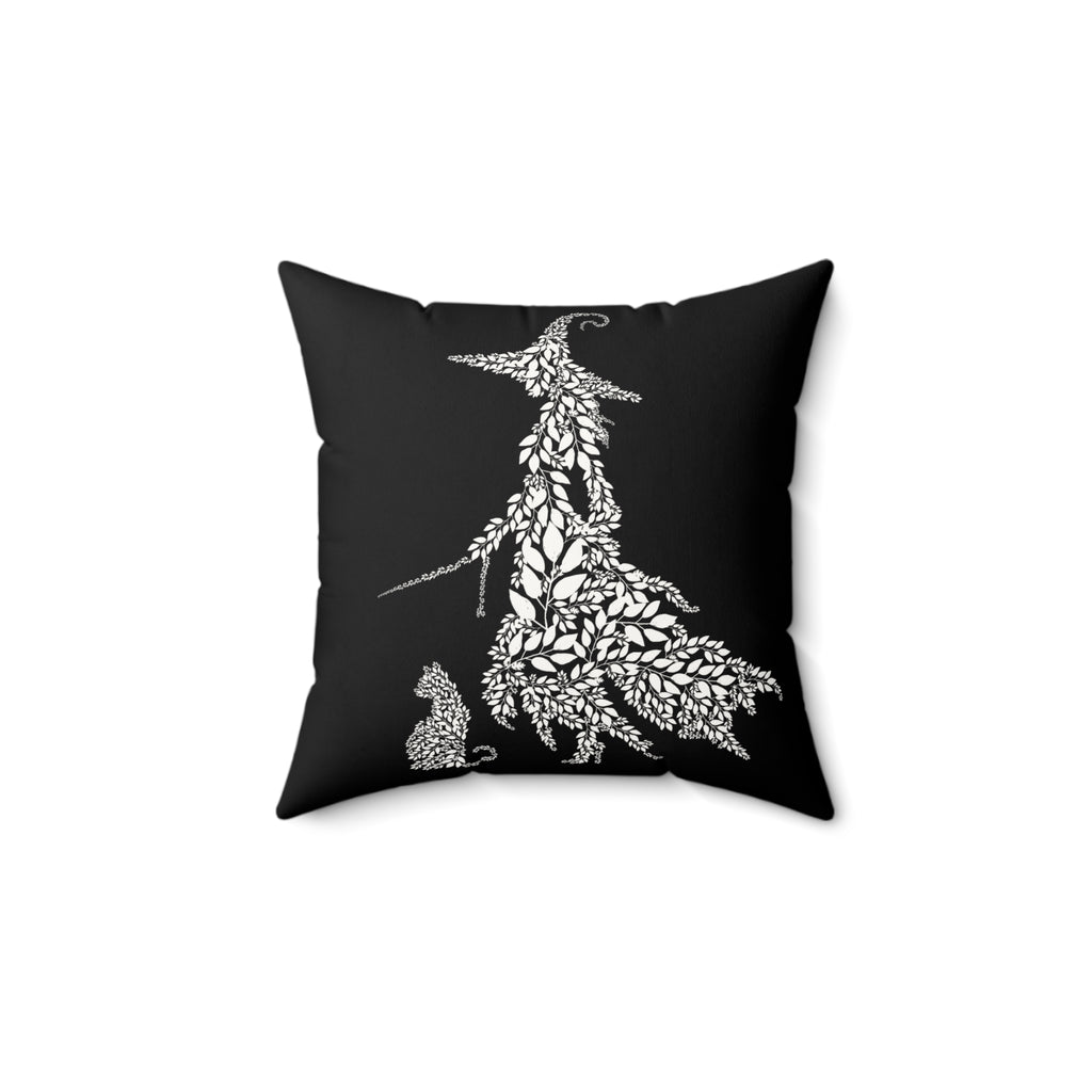 Botanical Witch & Cat Pillow: Black and White Faux Suede Decor