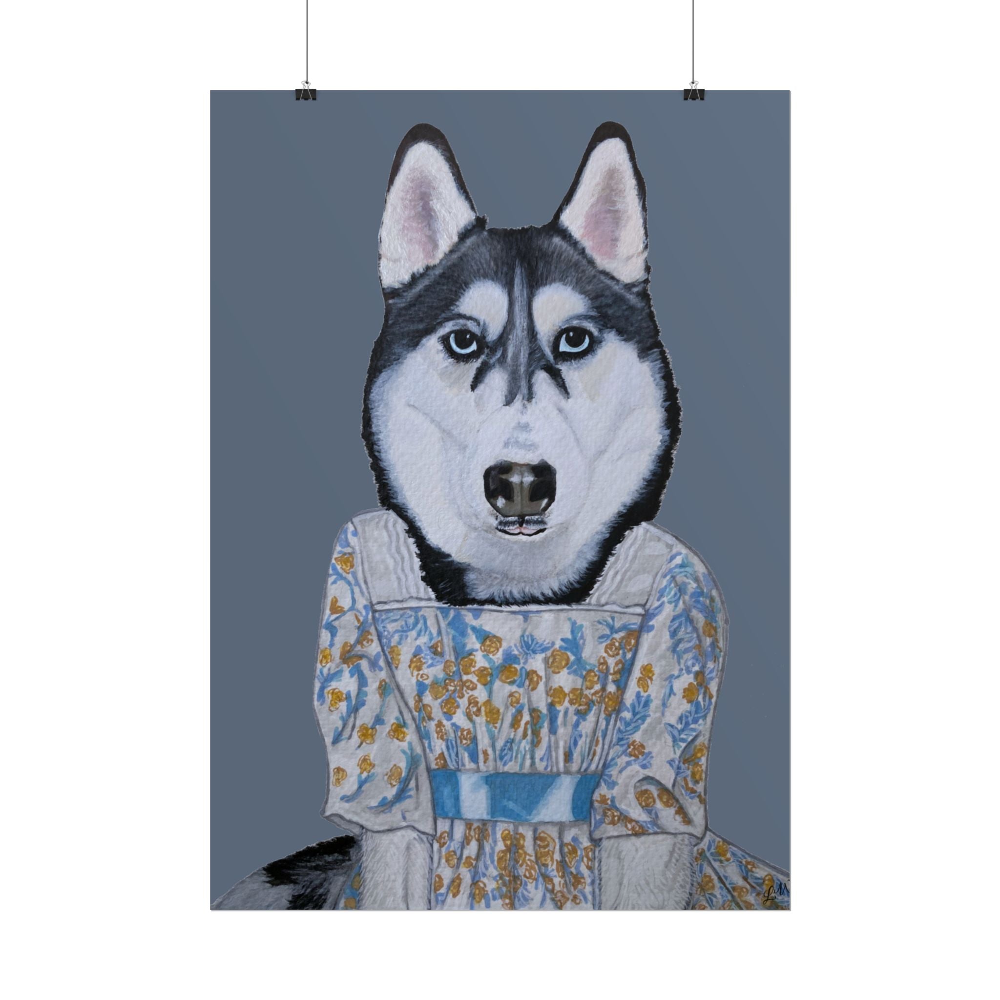 Funny Husky Wearing Jane Austen Style Regency Era-Inspired Dress Wall Poster - Dark Gray Background