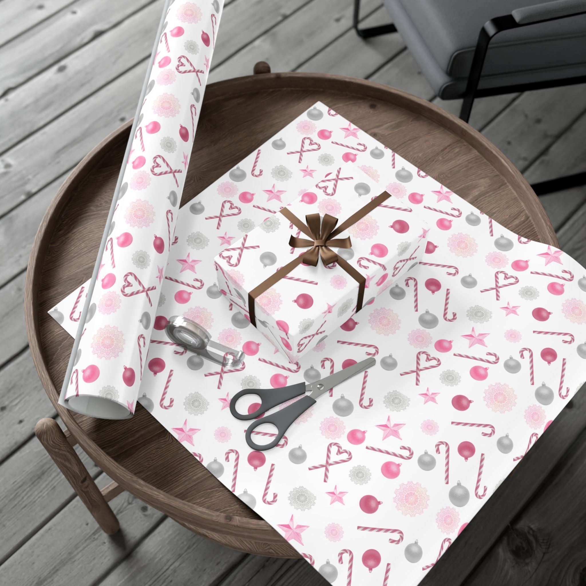 Shimmery White and Pink Christmas Wrapping Paper in Satin or Matte