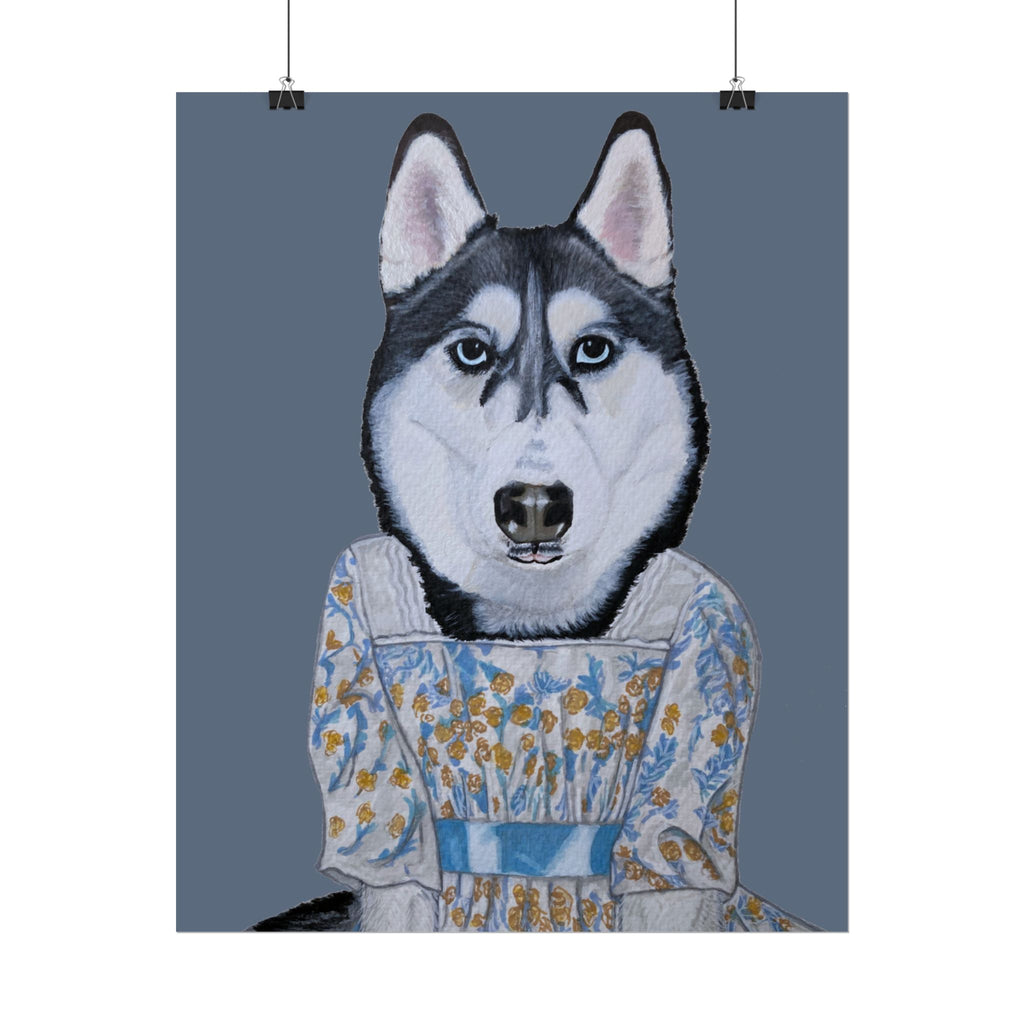 Funny Husky Wearing Jane Austen Style Regency Era-Inspired Dress Wall Poster - Dark Gray Background