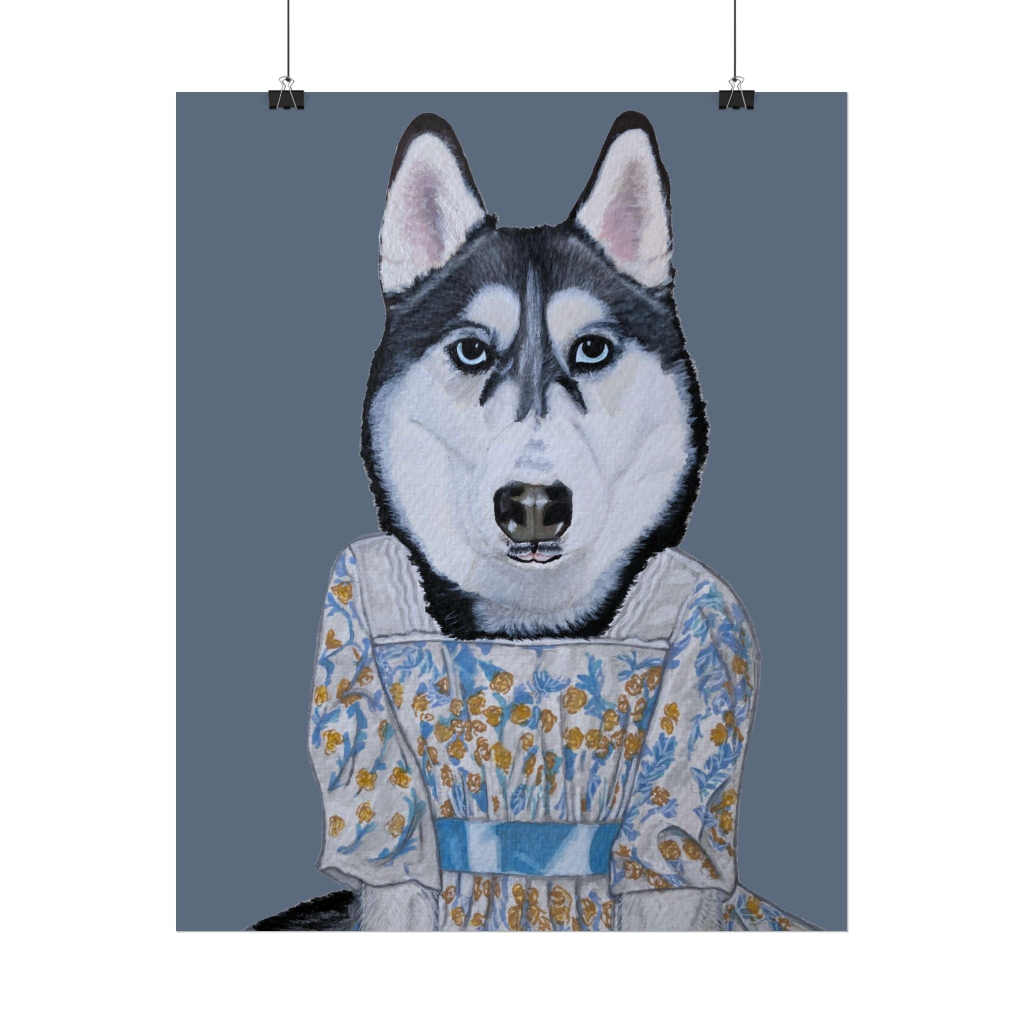 Funny Husky Wearing Jane Austen Style Regency Era-Inspired Dress Wall Poster - Dark Gray Background