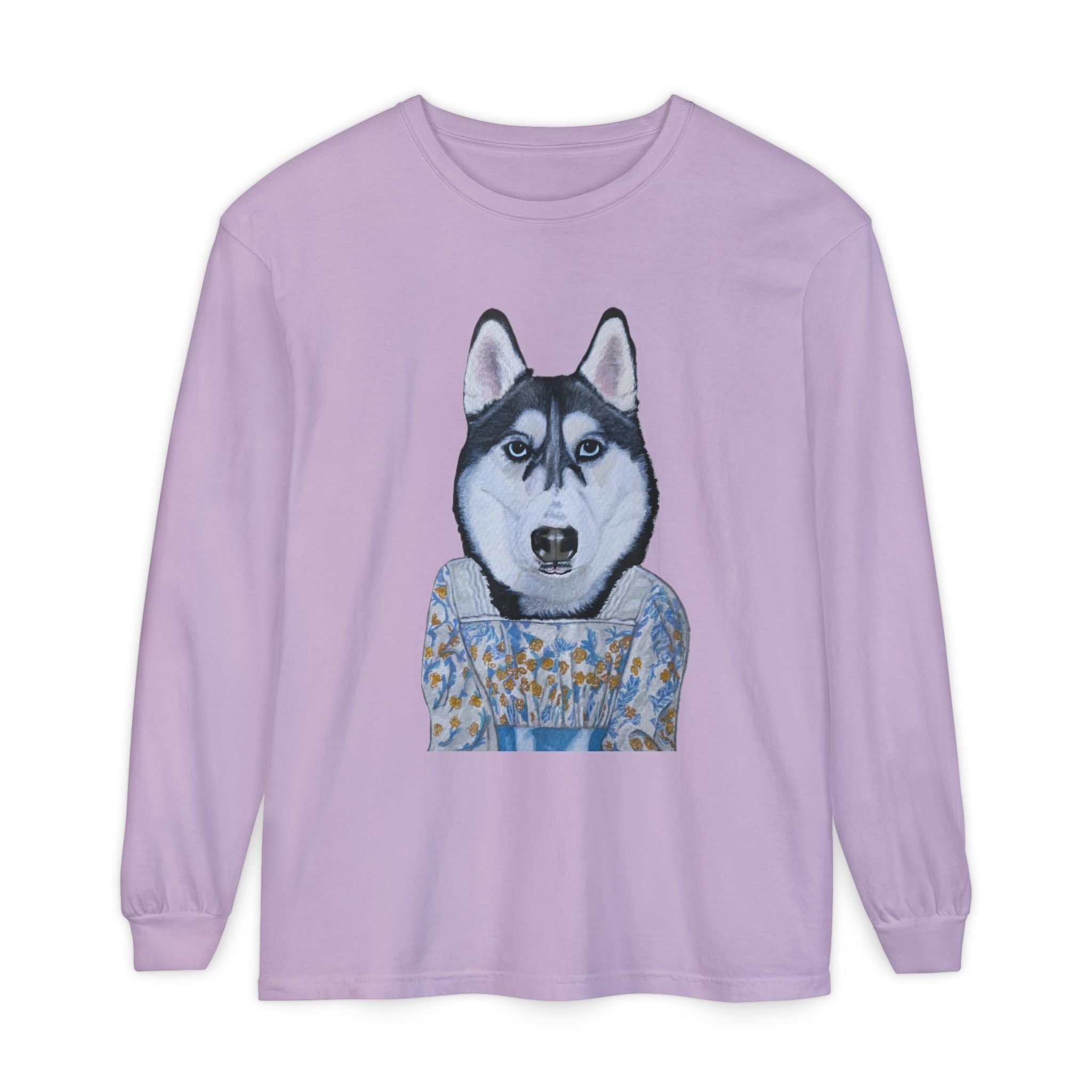 Husky Wearing Jane Austen Style Dress Long Sleeve T-Shirt, Animal Lover Gift, Dog-Themed Apparel, Casual Wear, Winter Fashion