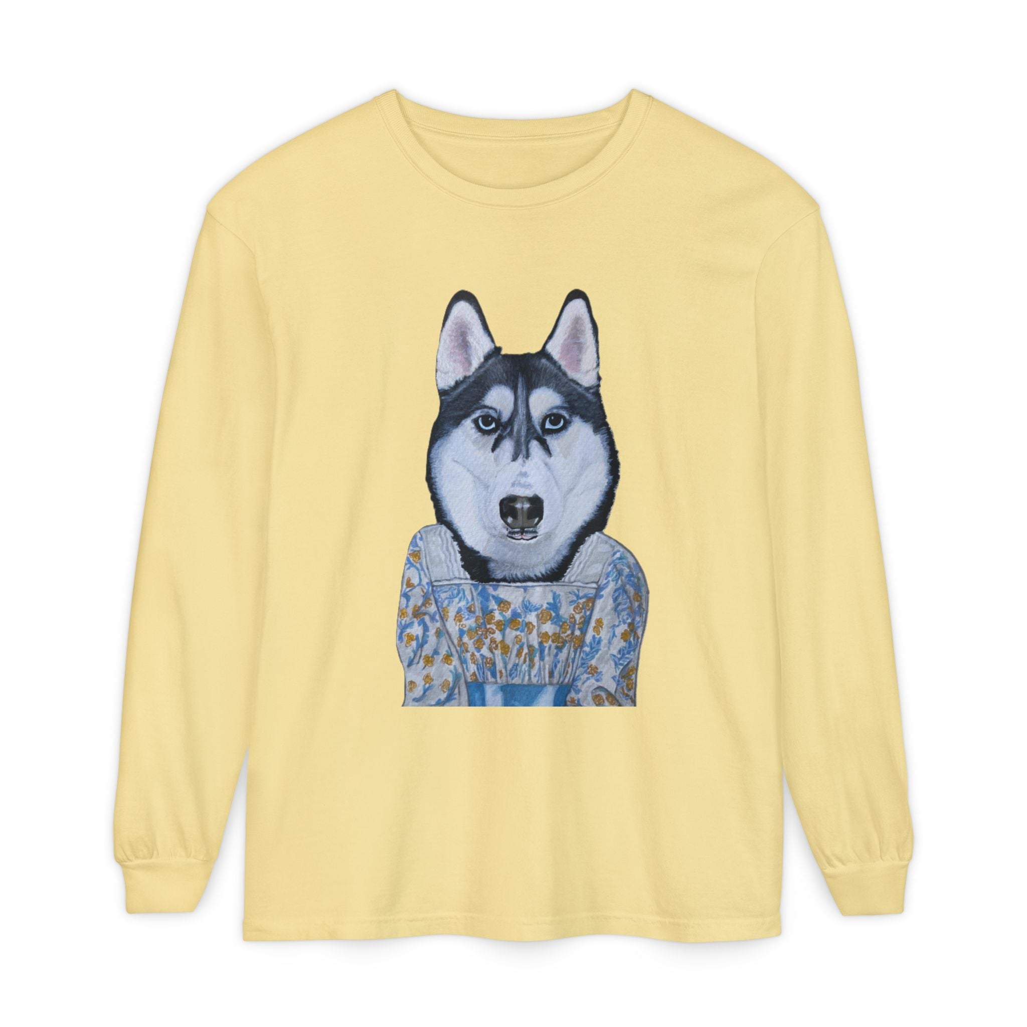 Husky Wearing Jane Austen Style Dress Long Sleeve T-Shirt, Animal Lover Gift, Dog-Themed Apparel, Casual Wear, Winter Fashion