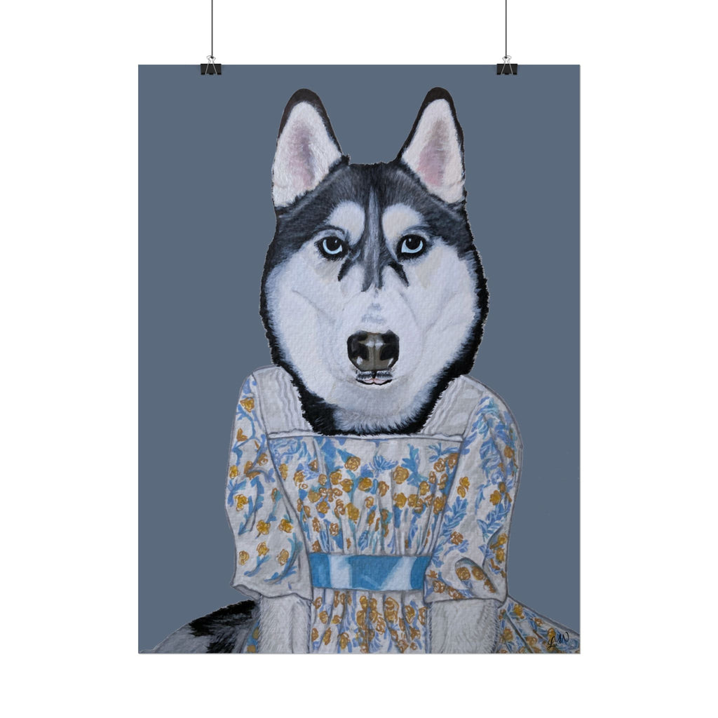 Funny Husky Wearing Jane Austen Style Regency Era-Inspired Dress Wall Poster - Dark Gray Background