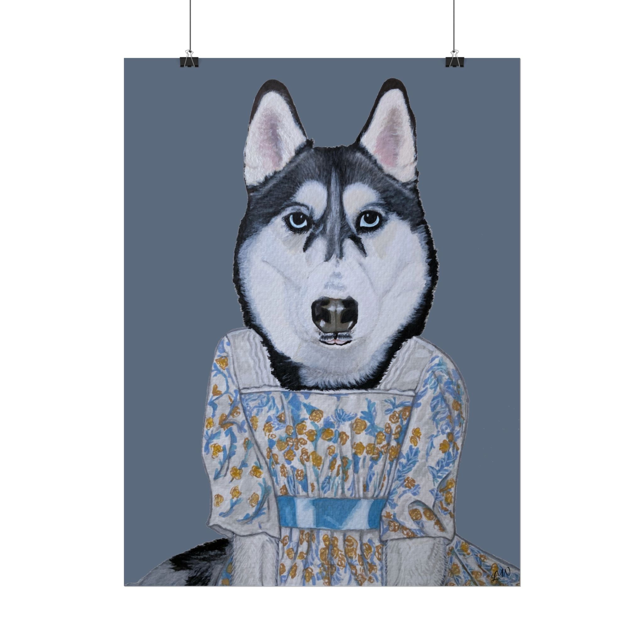 Funny Husky Wearing Jane Austen Style Regency Era-Inspired Dress Wall Poster - Dark Gray Background