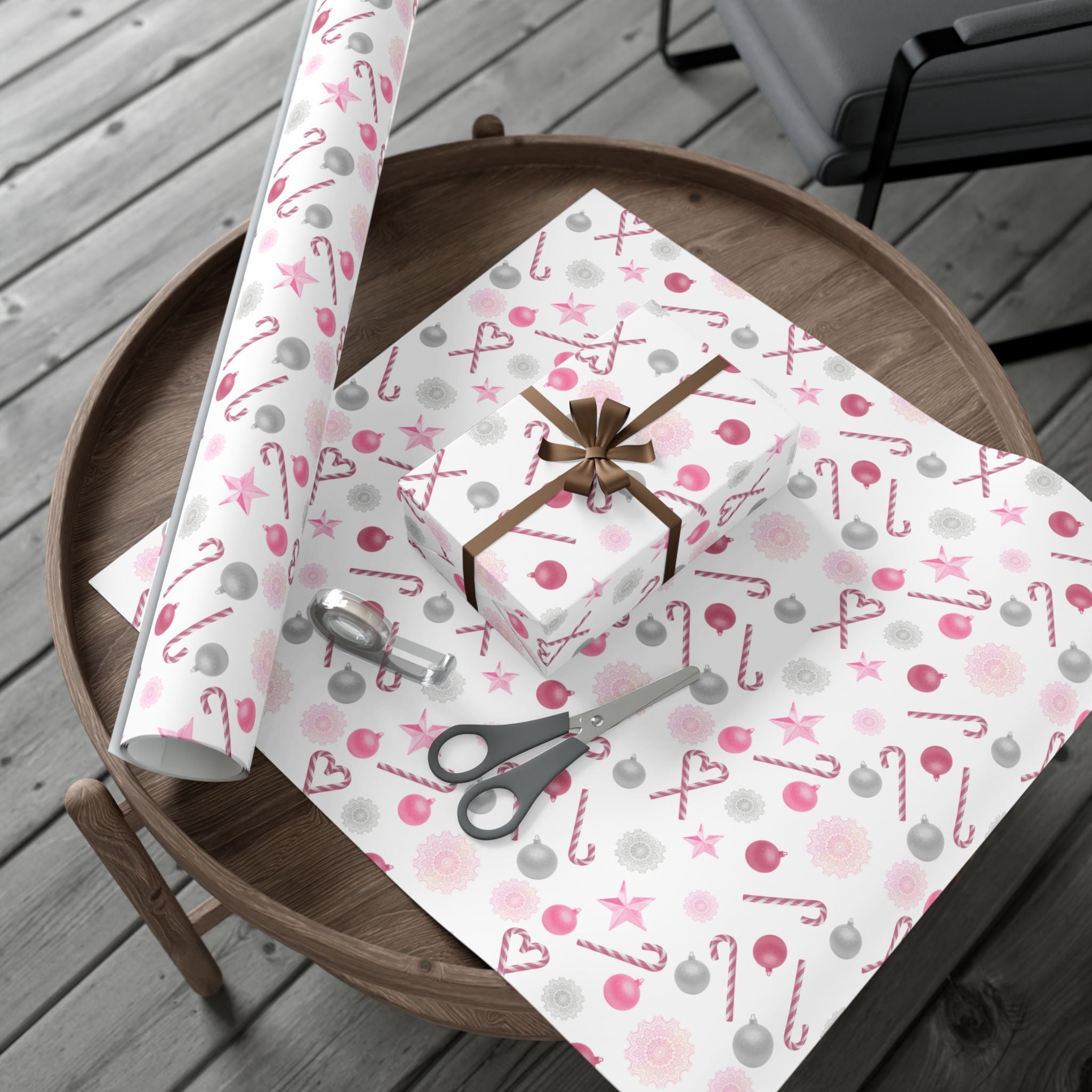Shimmery White and Pink Christmas Wrapping Paper in Satin or Matte