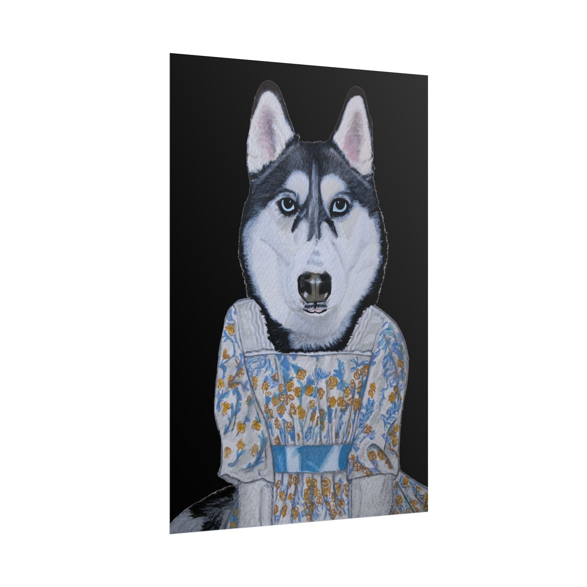 Funny Husky Wearing Jane Austen Style Regency Era-Inspired Dress Wall Poster - Black Background