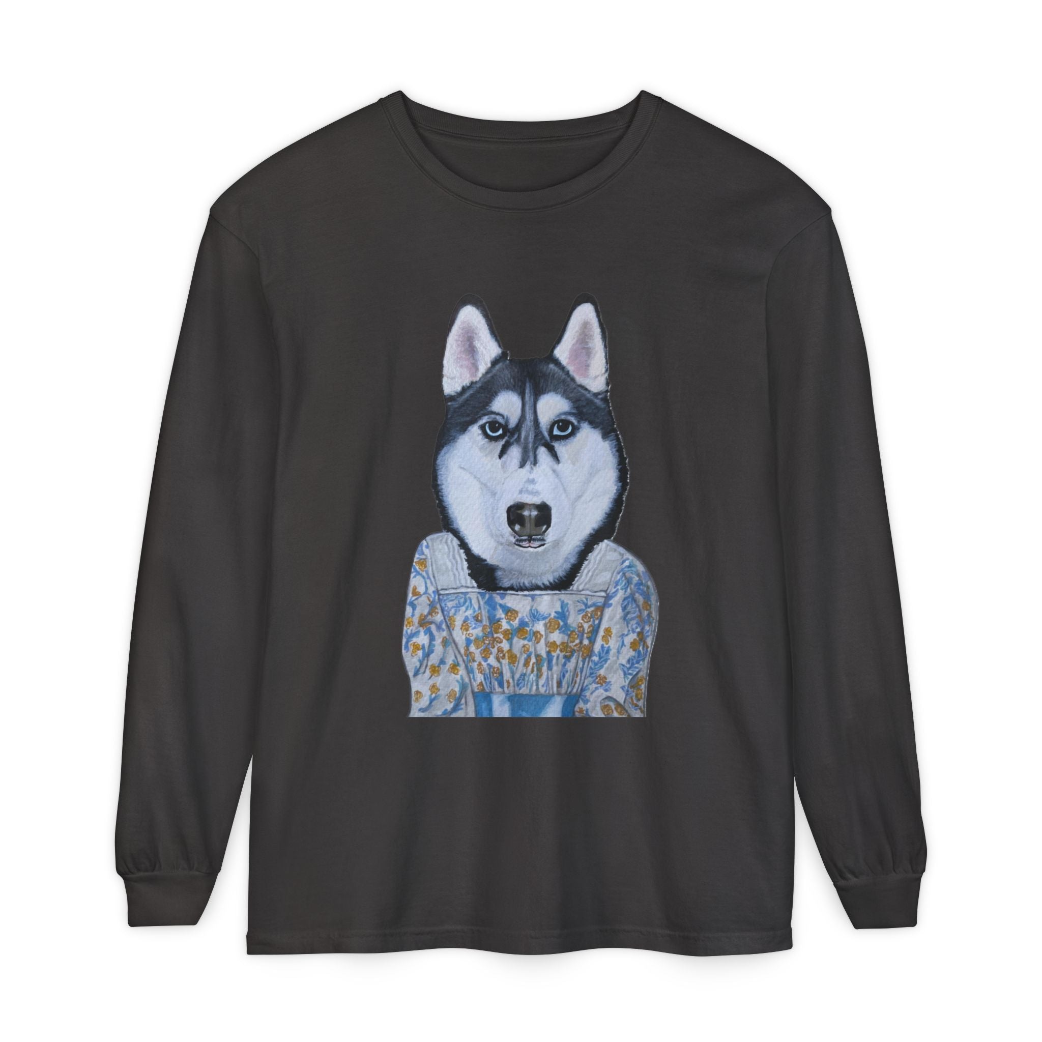 Husky Wearing Jane Austen Style Dress Long Sleeve T-Shirt, Animal Lover Gift, Dog-Themed Apparel, Casual Wear, Winter Fashion