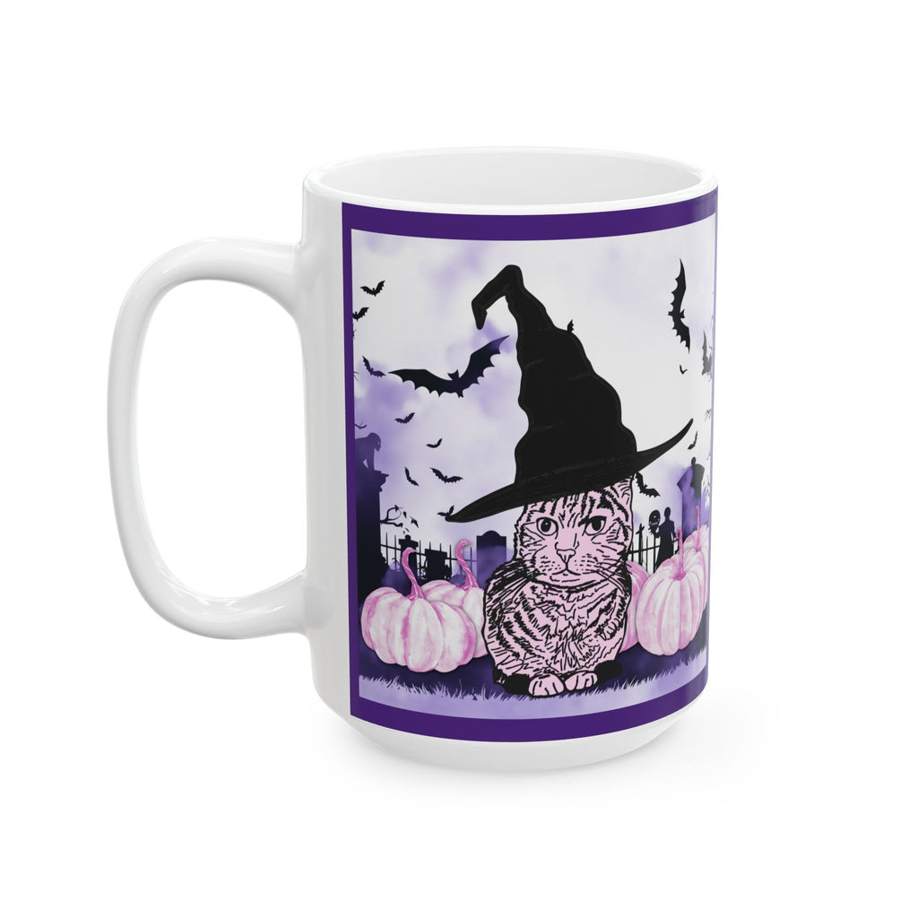 Cute and Spooky Cat Witch Halloween Ceramic Mug - Pink and Purple