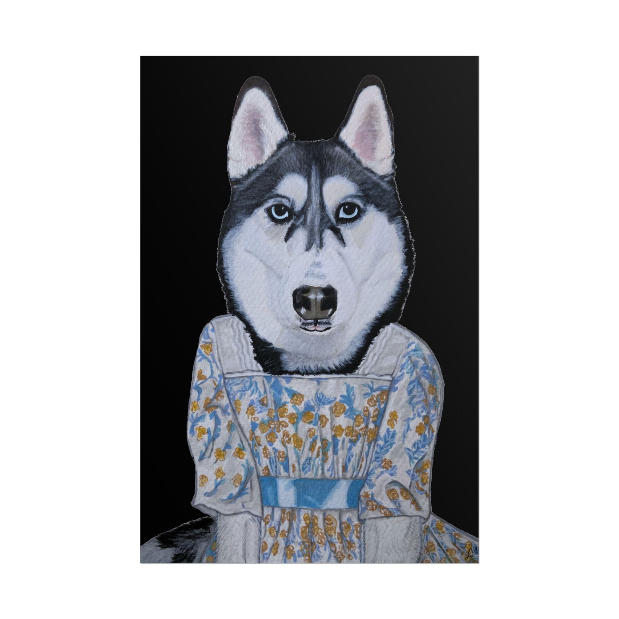 Funny Husky Wearing Jane Austen Style Regency Era-Inspired Dress Wall Poster - Black Background