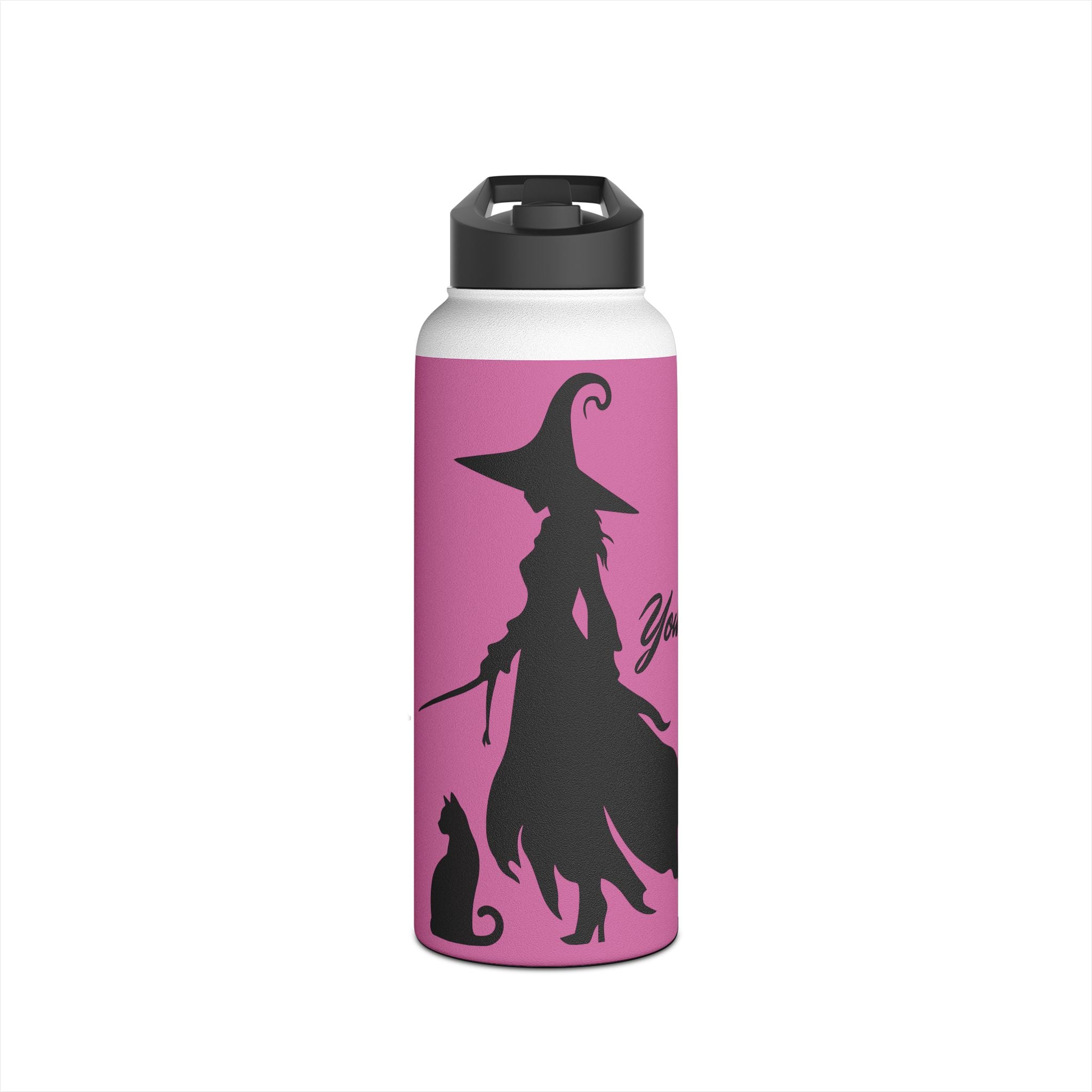 Elegant Witch and Black Cat Stainless Steel Water Bottle - Personalized Pink Travel Mug with Black Silhouettes