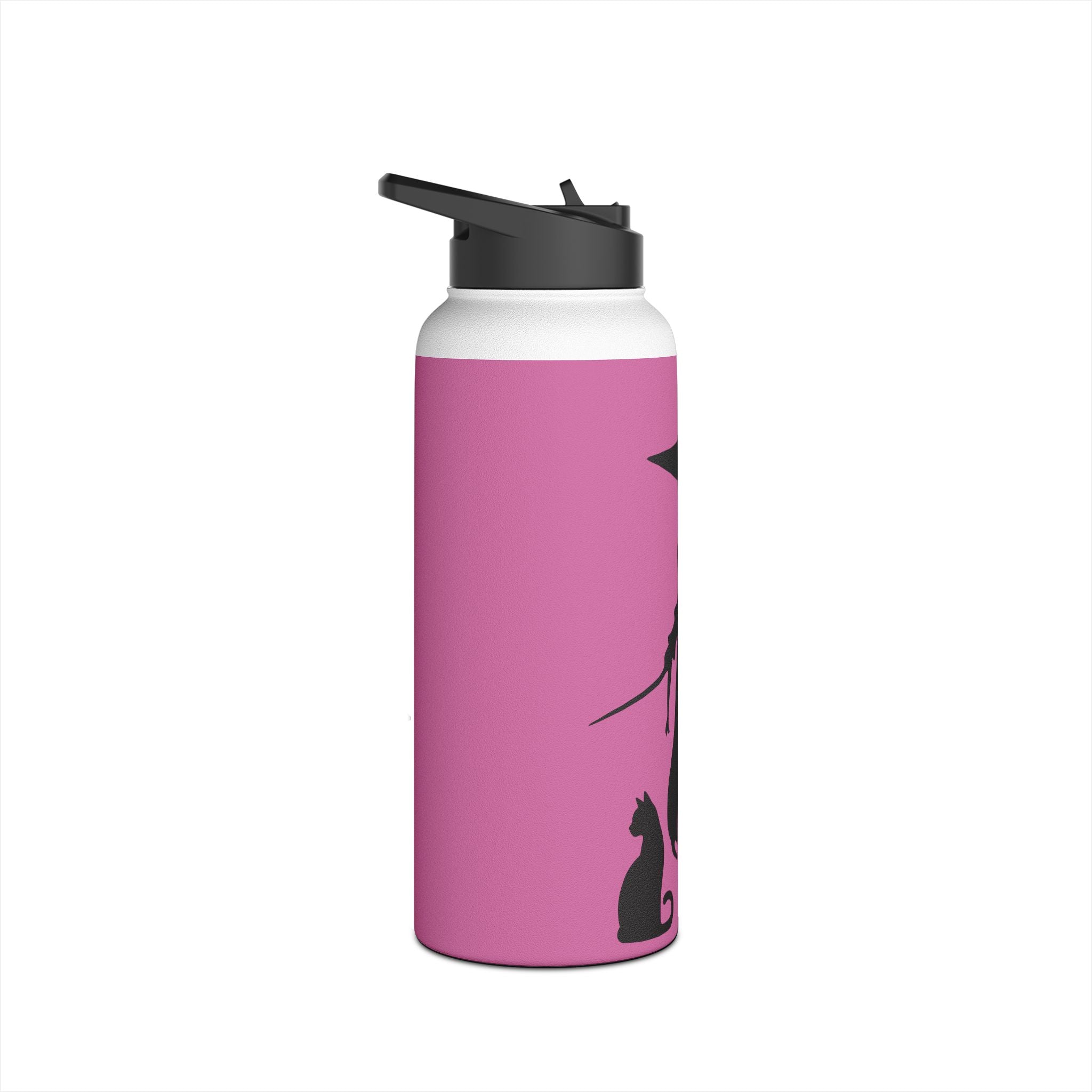 Elegant Witch and Black Cat Stainless Steel Water Bottle - Personalized Pink Travel Mug with Black Silhouettes