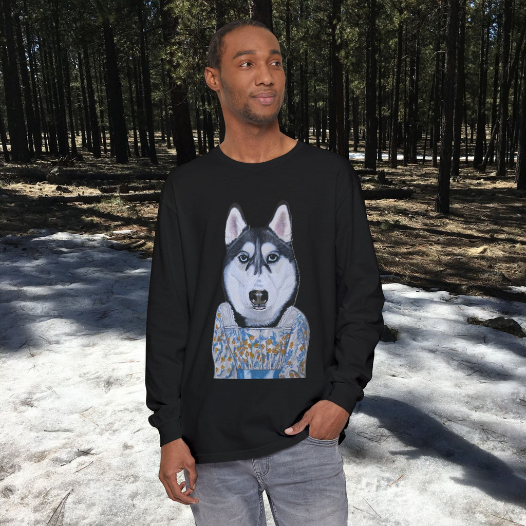 Husky Wearing Jane Austen Style Dress Long Sleeve T-Shirt, Animal Lover Gift, Dog-Themed Apparel, Casual Wear, Winter Fashion