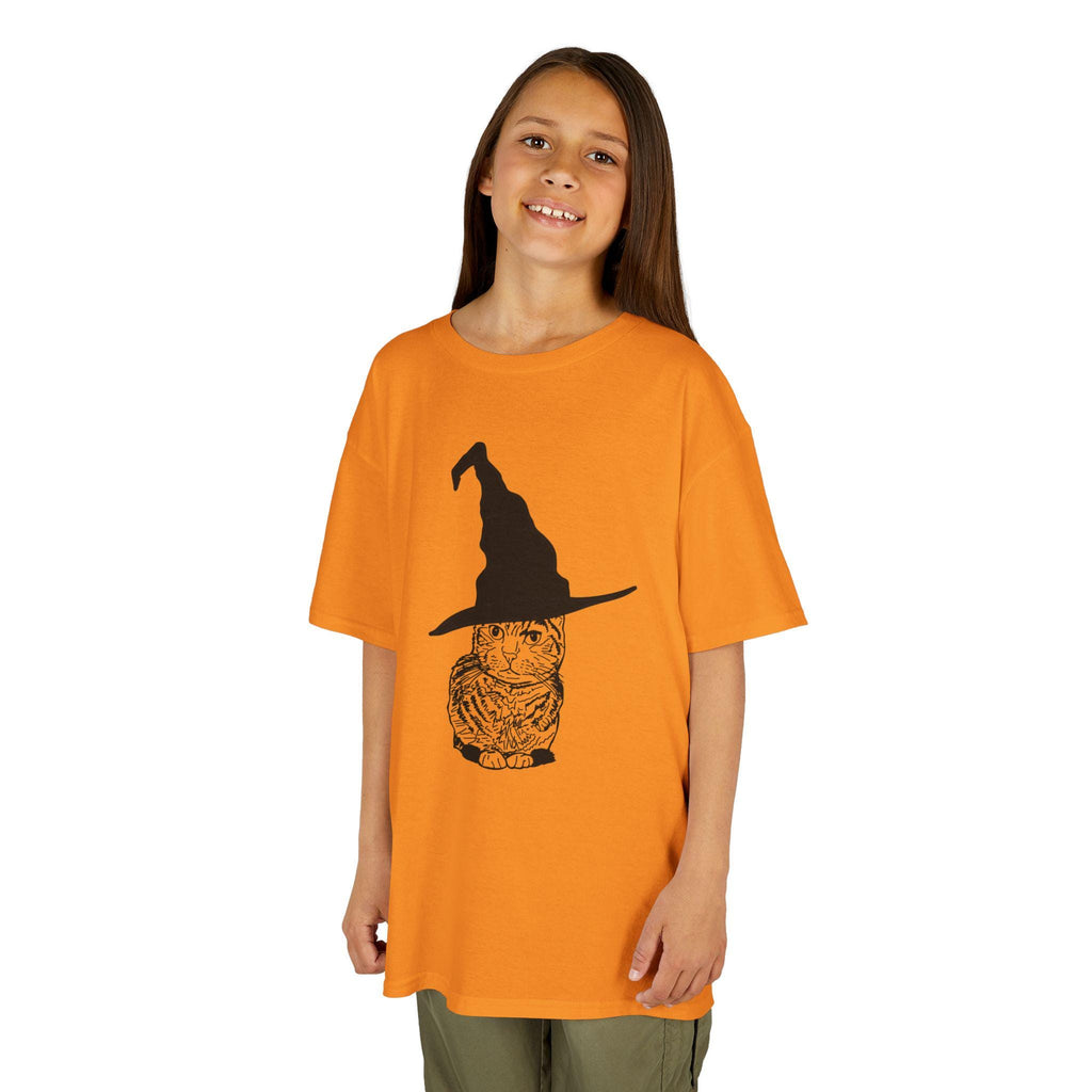 Cat Wearing a Witch or Wizard Hat Halloween Kids Tee