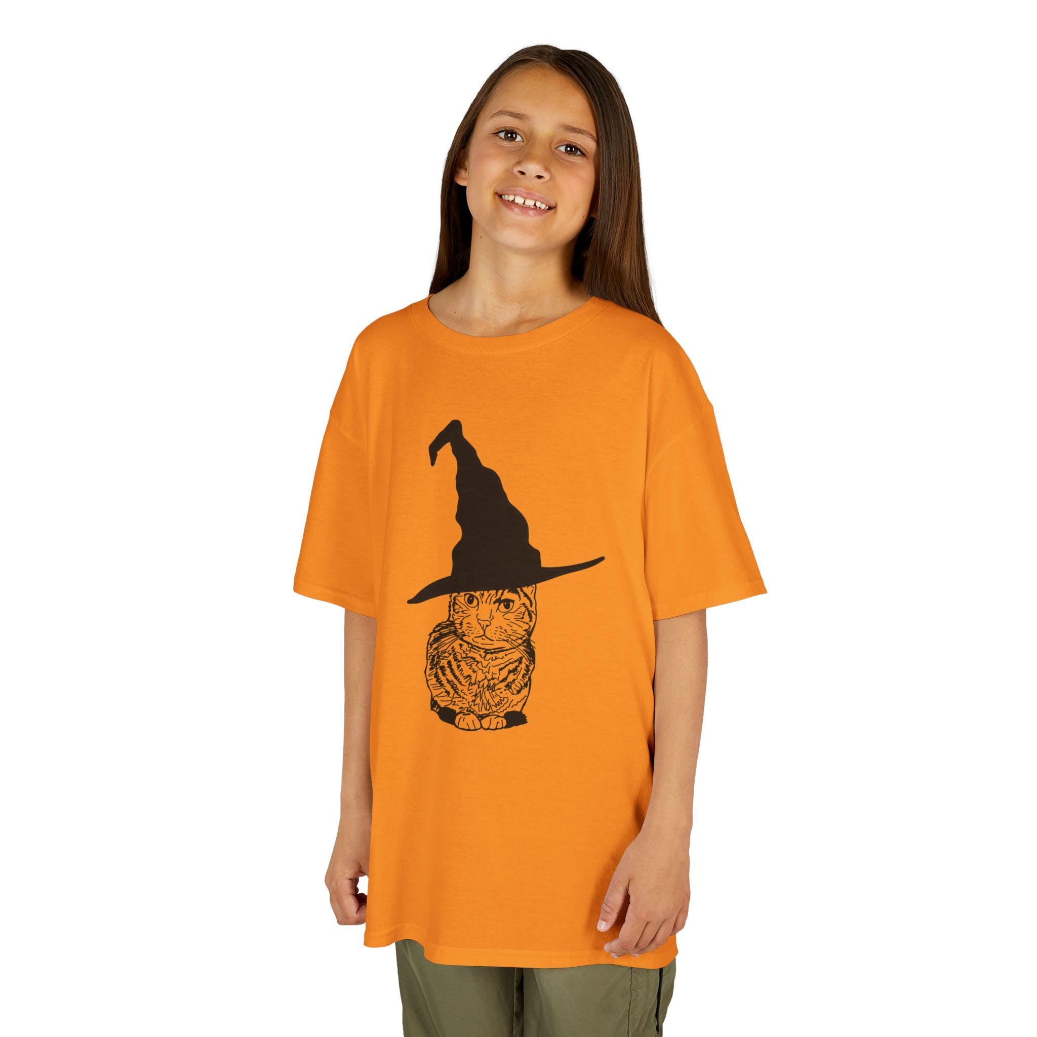 Cat Wearing a Witch or Wizard Hat Halloween Kids Tee