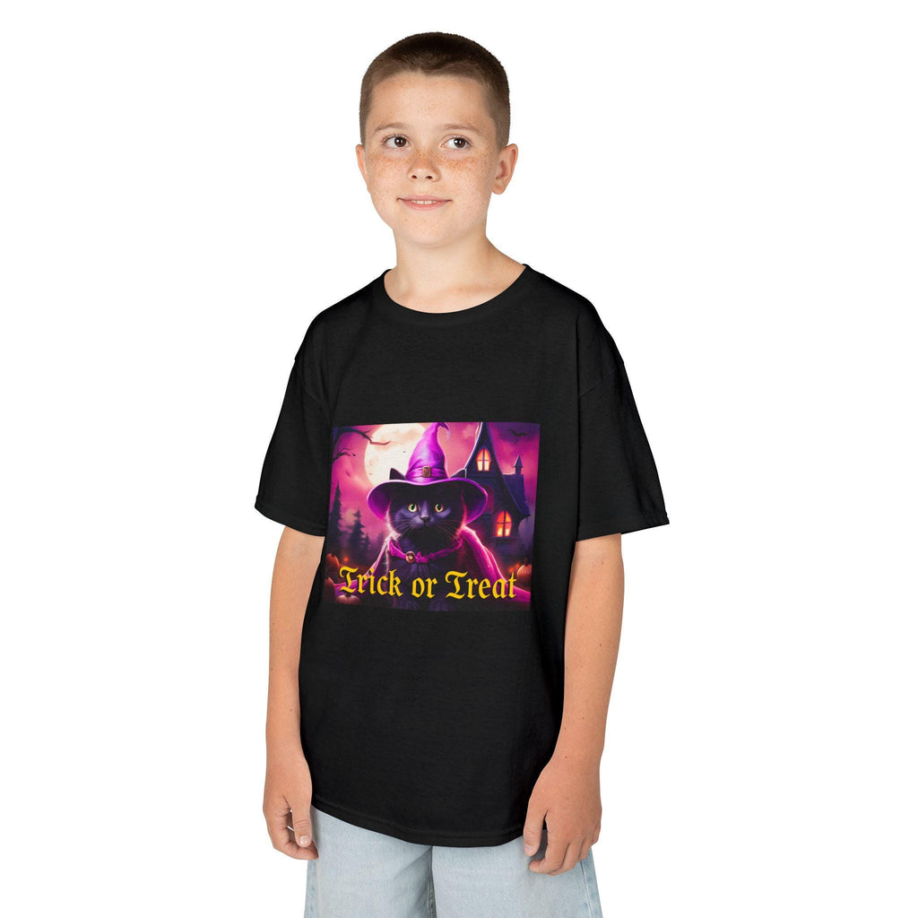 Kids Halloween Tee with Black Cat "Trick or Treat" Design for Spooky Fun