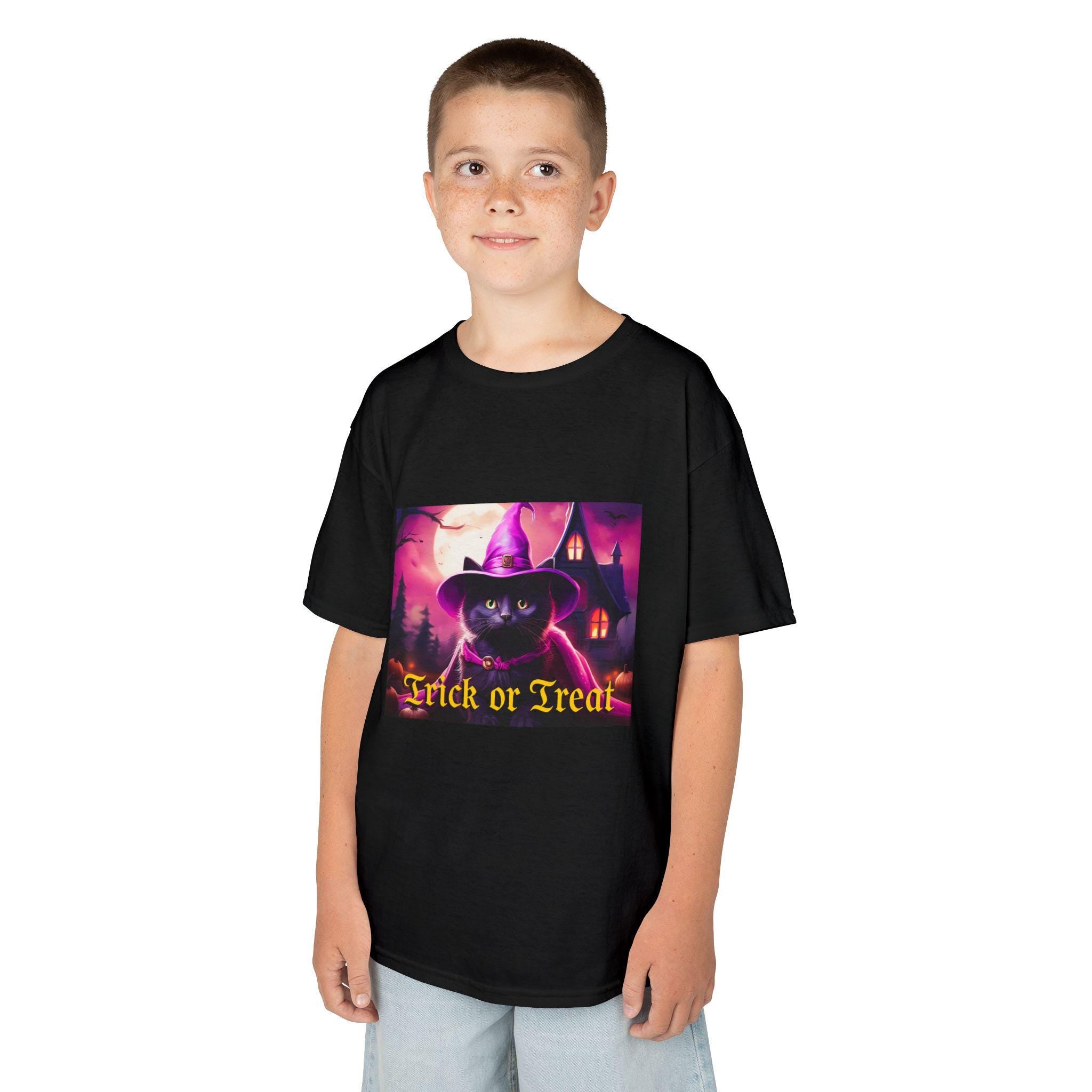 Kids Halloween Tee with Black Cat "Trick or Treat" Design for Spooky Fun