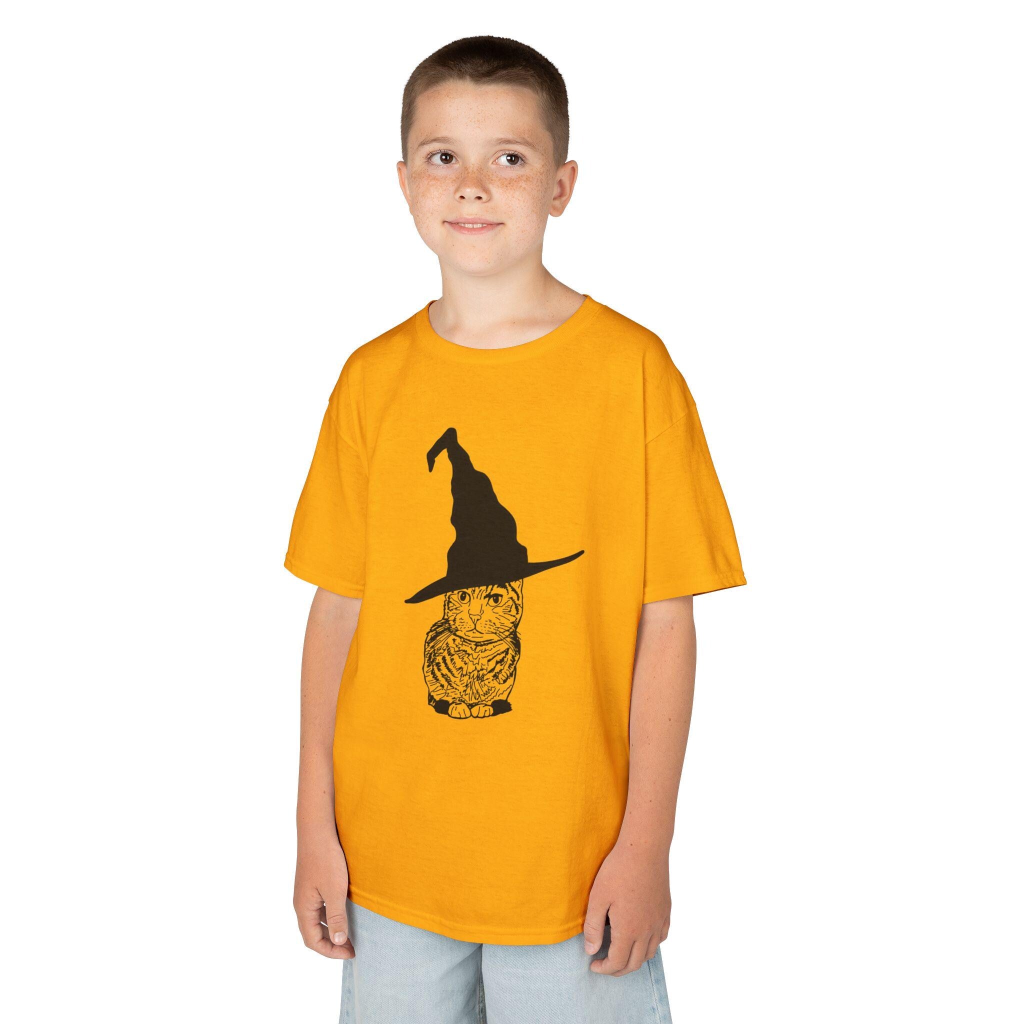 Cat Wearing a Witch or Wizard Hat Halloween Kids Tee