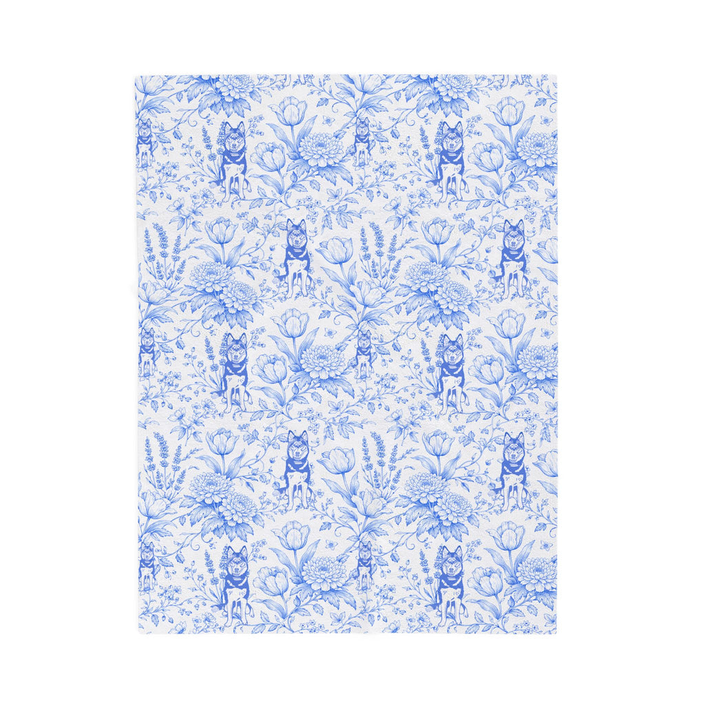 Blue Floral Husky Velveteen Plush Blanket | French Toile Dog Pattern