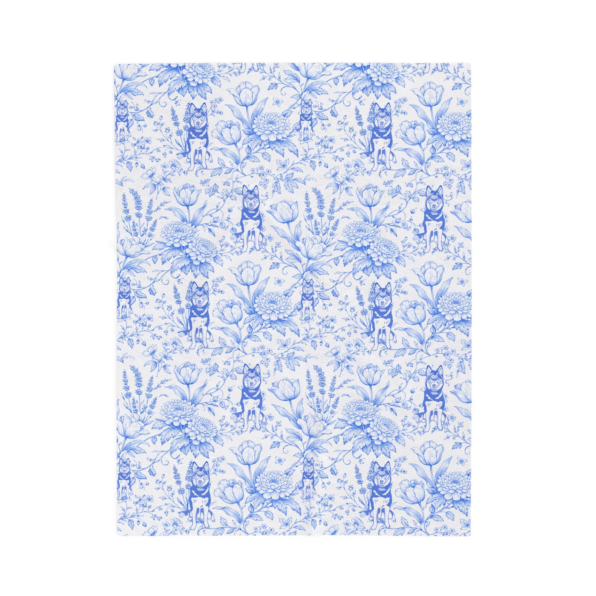 Blue Floral Husky Velveteen Plush Blanket | French Toile Dog Pattern