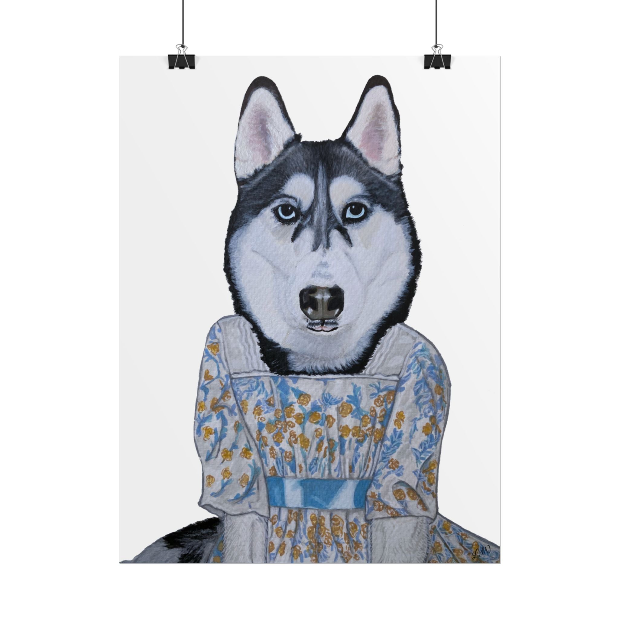 Funny Husky Wearing Jane Austen Style Regency Era-Inspired Dress Wall Poster - White Background