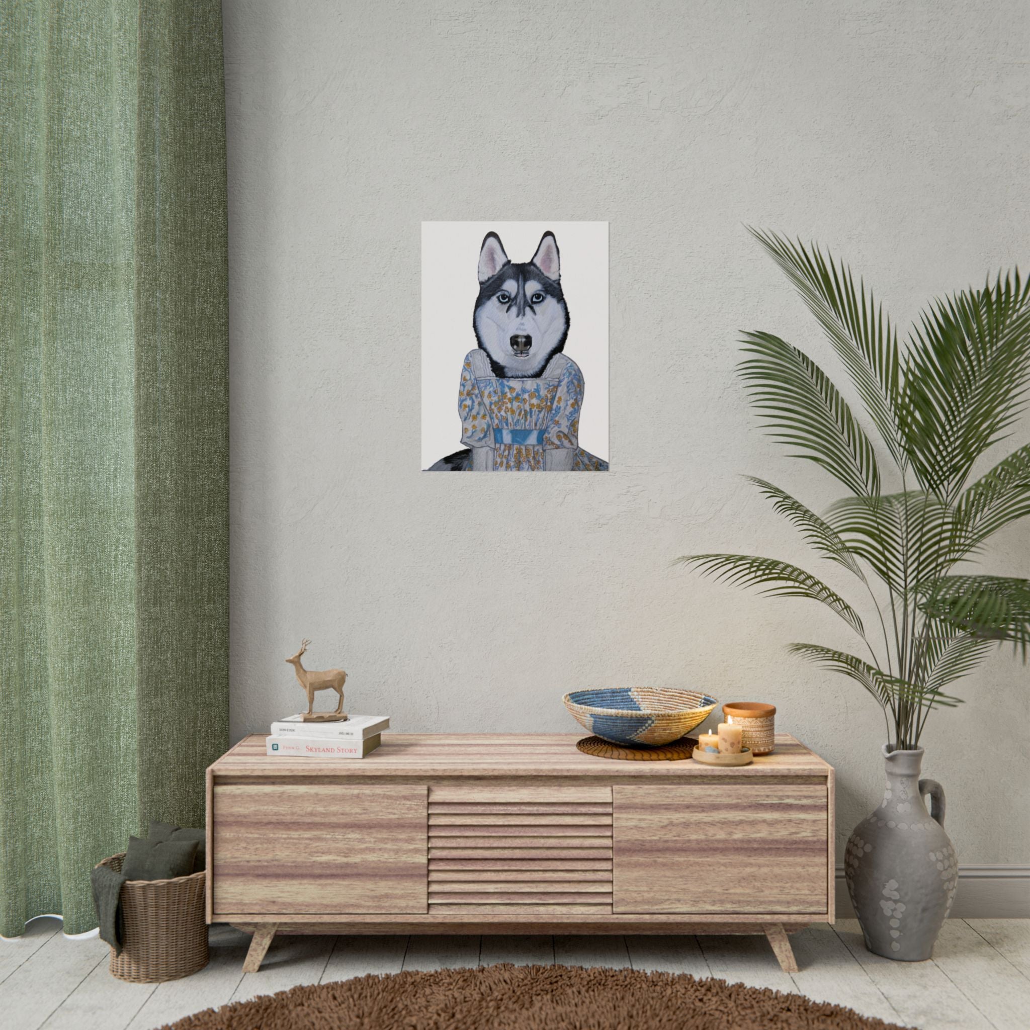 Funny Husky Wearing Jane Austen Style Regency Era-Inspired Dress Wall Poster - White Background