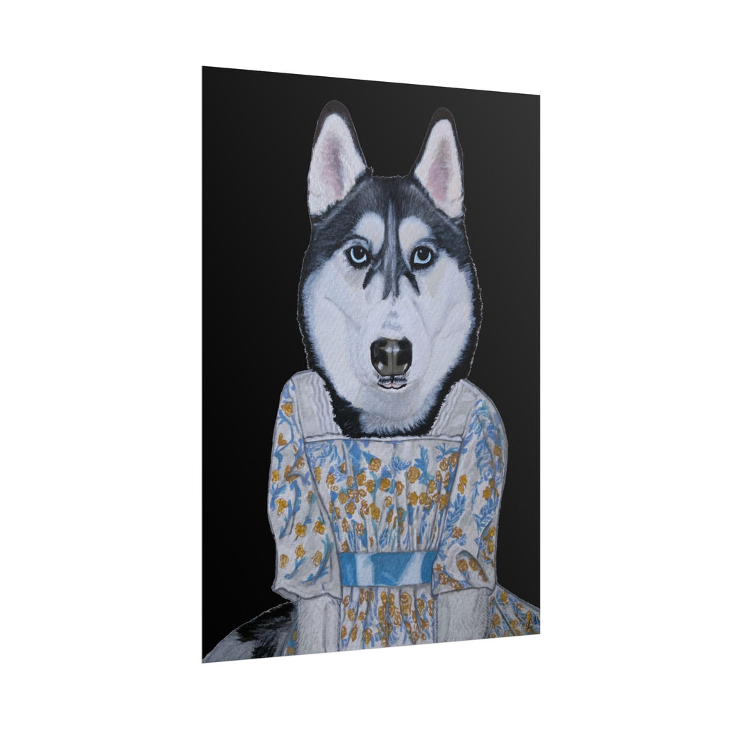 Funny Husky Wearing Jane Austen Style Regency Era-Inspired Dress Wall Poster - Black Background
