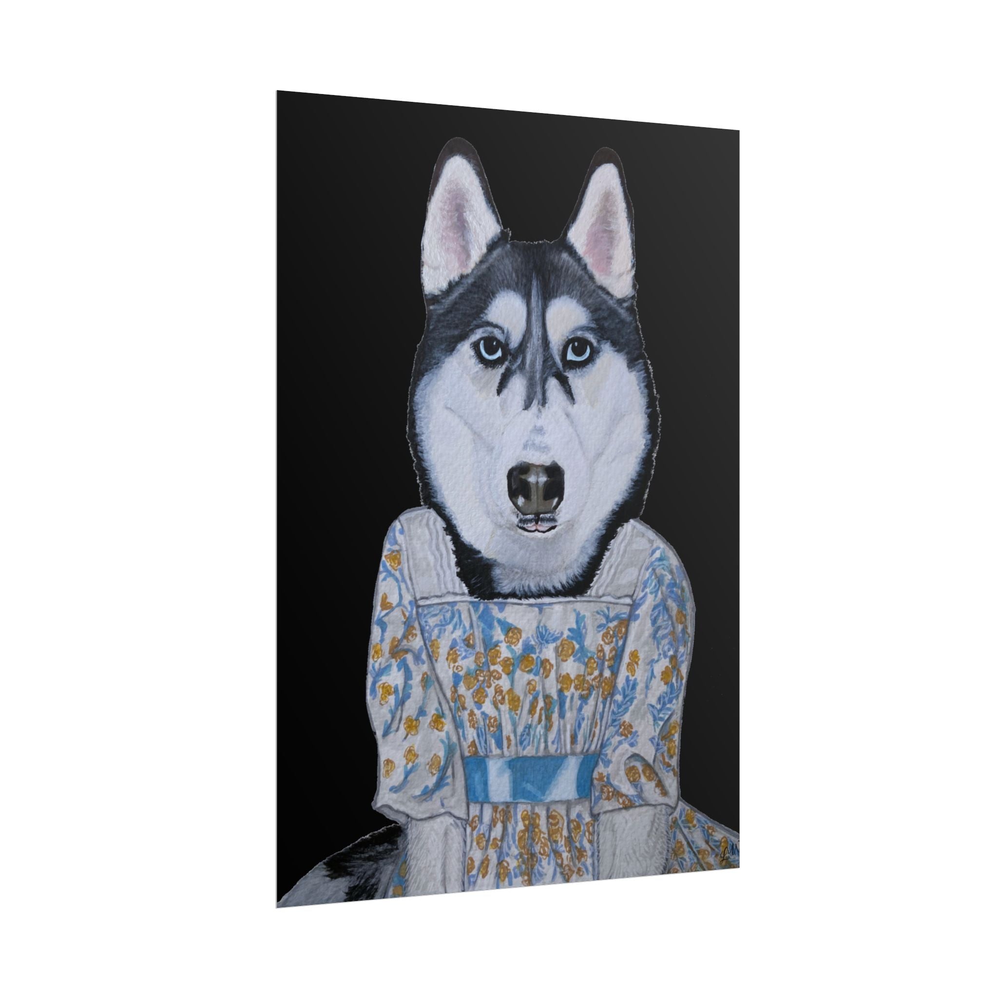 Funny Husky Wearing Jane Austen Style Regency Era-Inspired Dress Wall Poster - Black Background