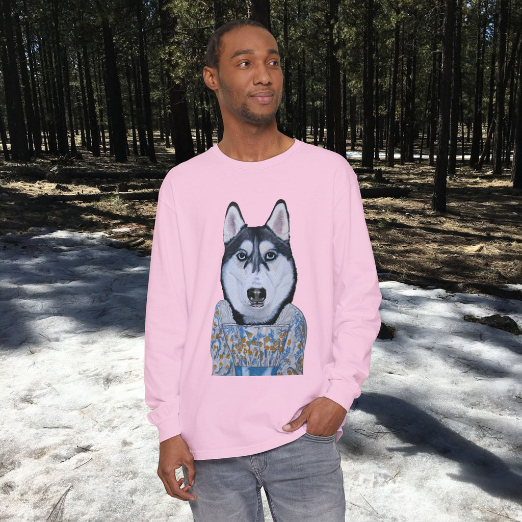 Husky Wearing Jane Austen Style Dress Long Sleeve T-Shirt, Animal Lover Gift, Dog-Themed Apparel, Casual Wear, Winter Fashion