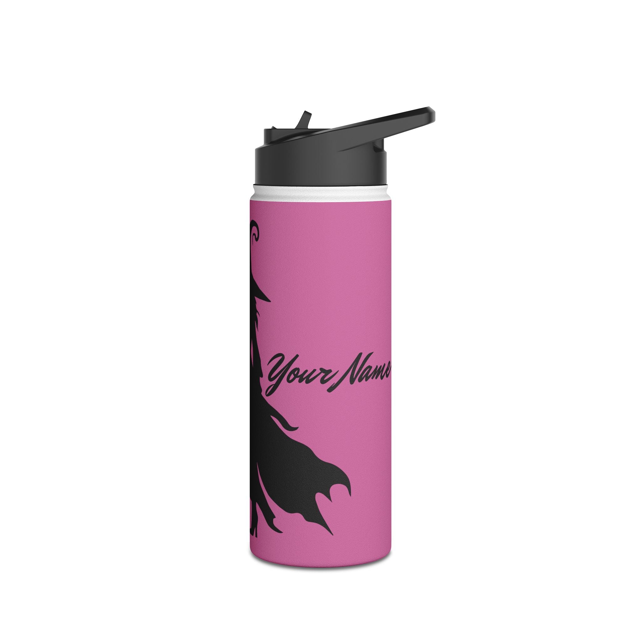 Elegant Witch and Black Cat Stainless Steel Water Bottle - Personalized Pink Travel Mug with Black Silhouettes