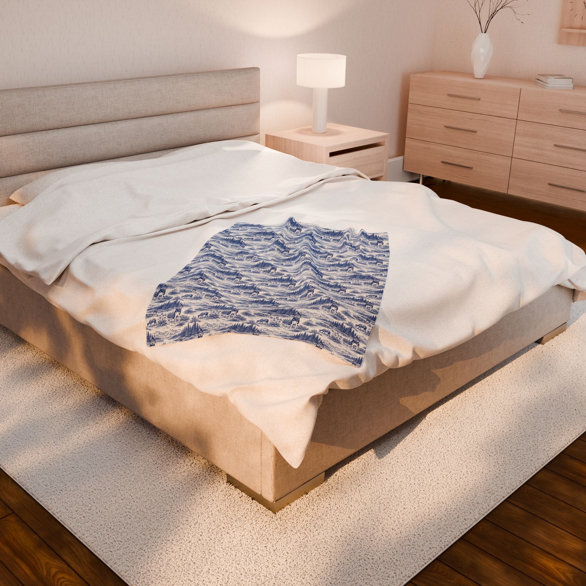 Husky Toile Wilderness Landscape Blanket | Blue Scenic Velveteen Plush Blanket