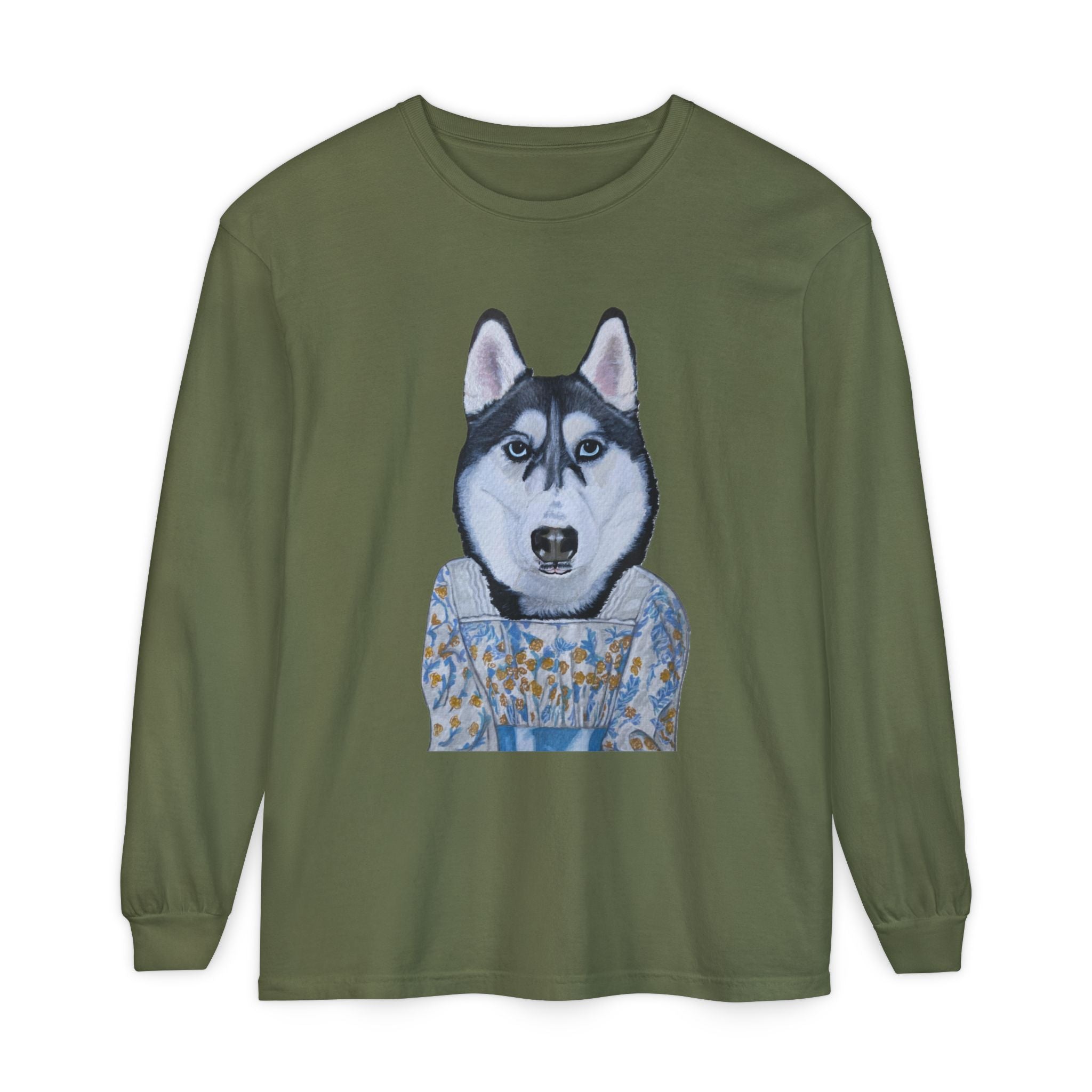 Husky Wearing Jane Austen Style Dress Long Sleeve T-Shirt, Animal Lover Gift, Dog-Themed Apparel, Casual Wear, Winter Fashion