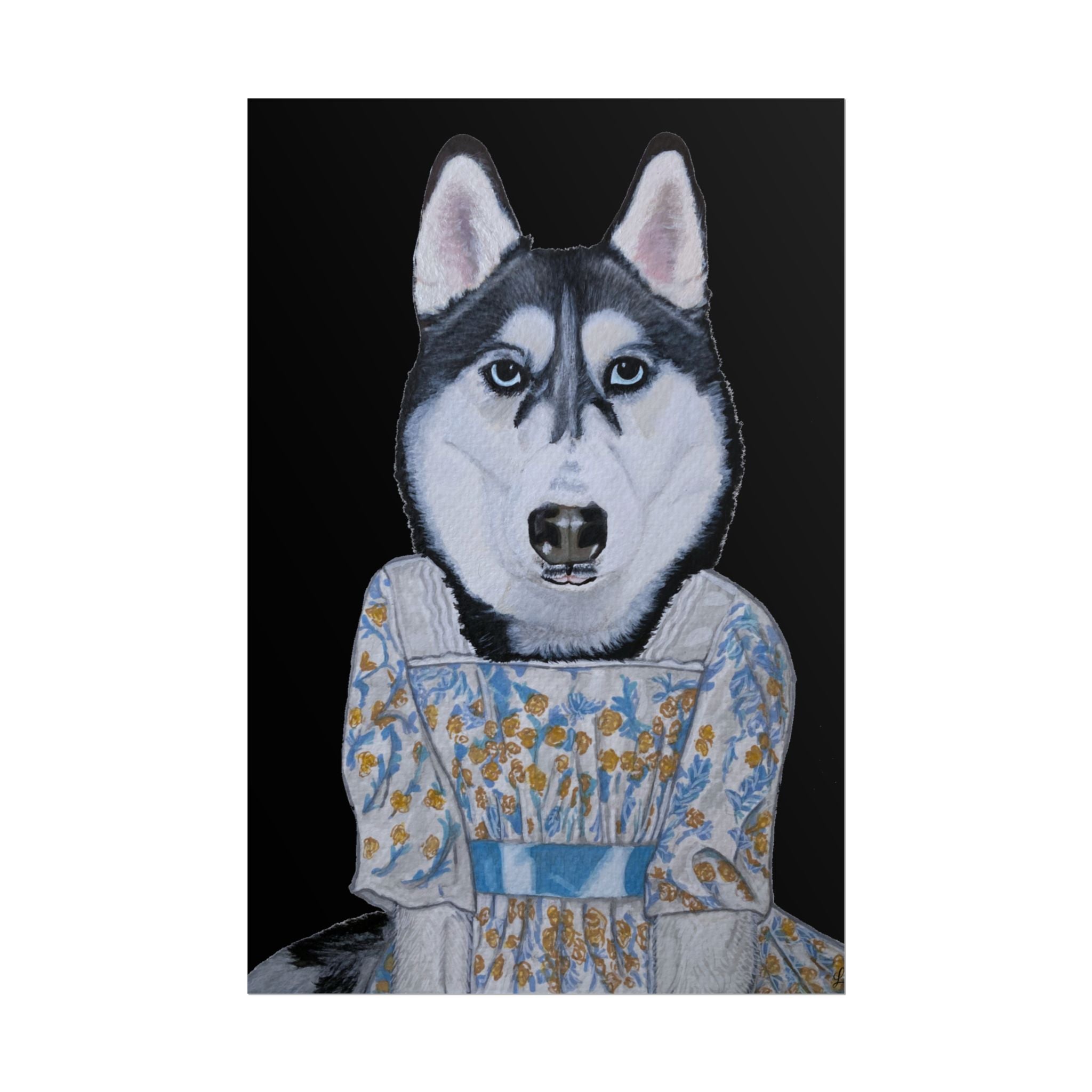 Funny Husky Wearing Jane Austen Style Regency Era-Inspired Dress Wall Poster - Black Background