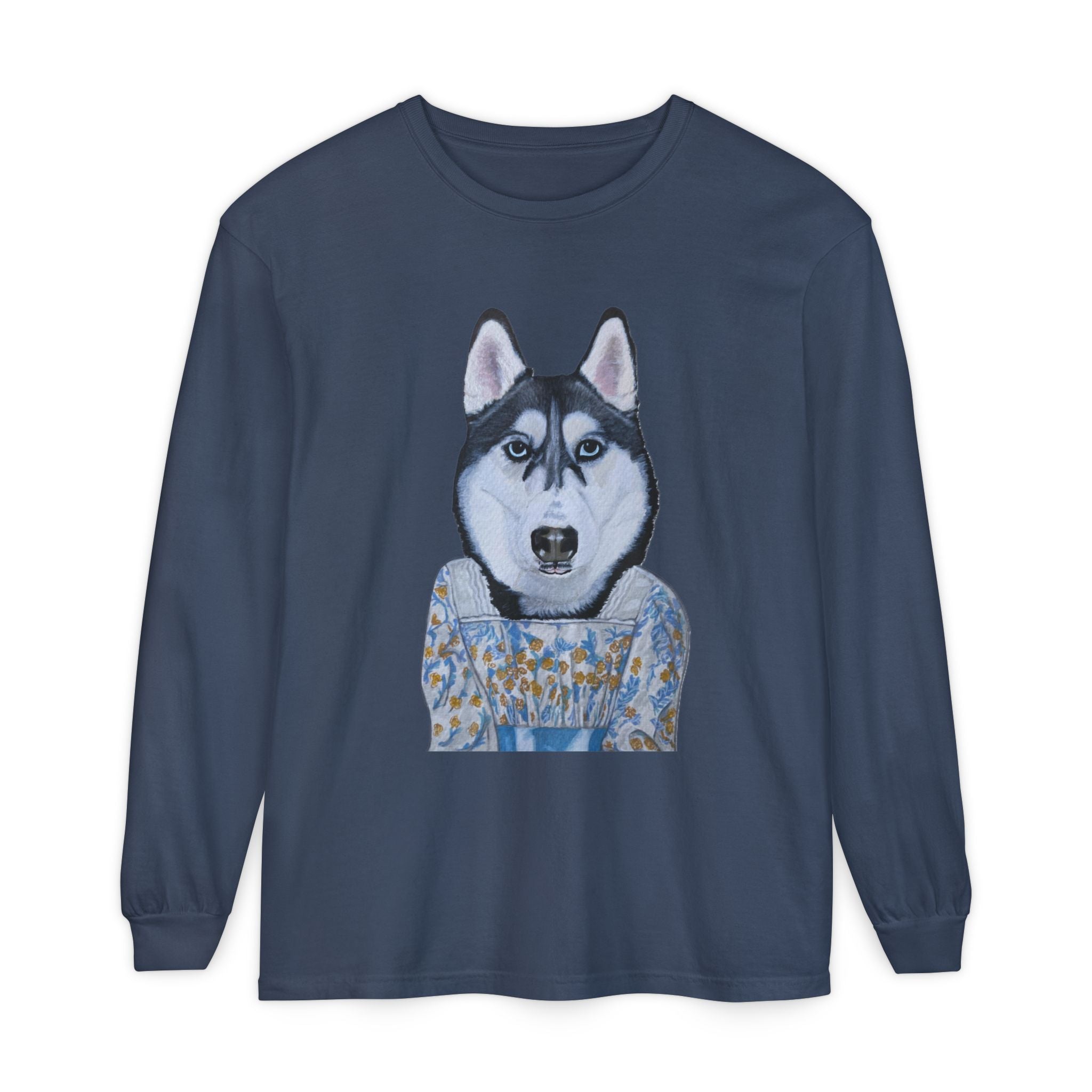 Husky Wearing Jane Austen Style Dress Long Sleeve T-Shirt, Animal Lover Gift, Dog-Themed Apparel, Casual Wear, Winter Fashion