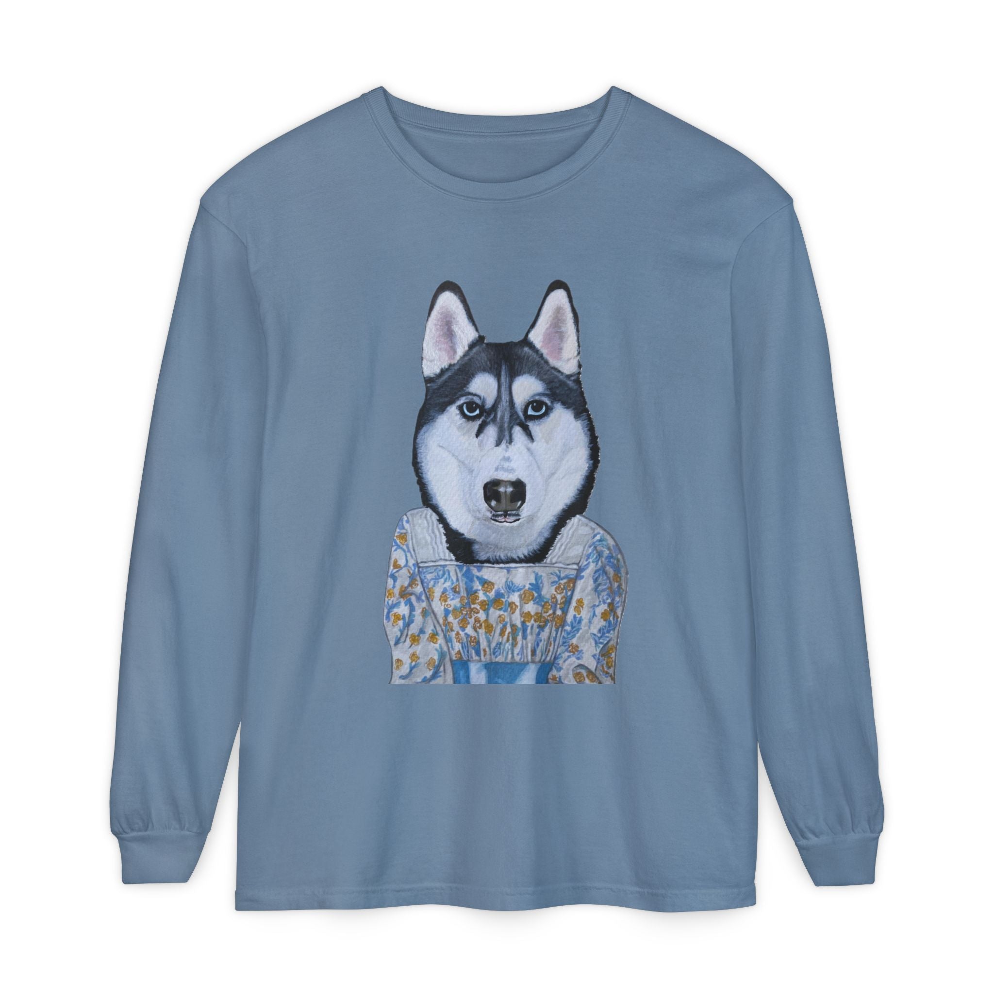 Husky Wearing Jane Austen Style Dress Long Sleeve T-Shirt, Animal Lover Gift, Dog-Themed Apparel, Casual Wear, Winter Fashion
